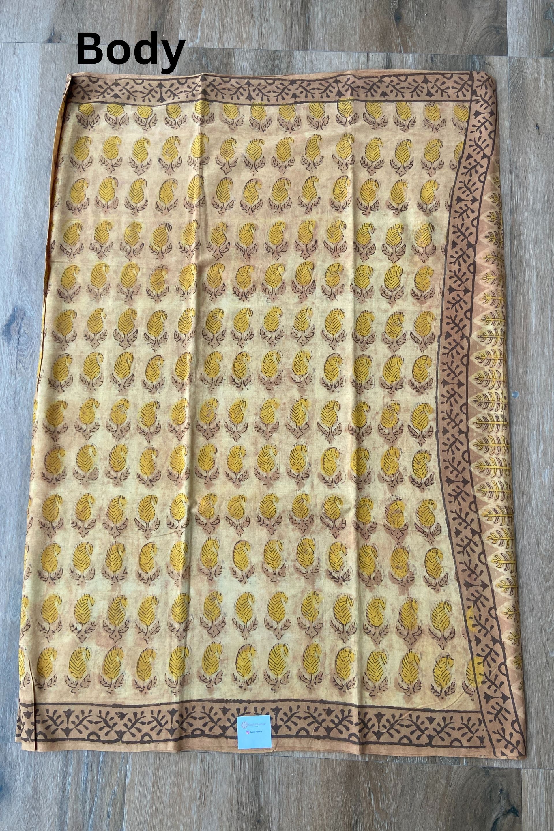 Beige Multani Block Printed Mulmul Cotton Saree