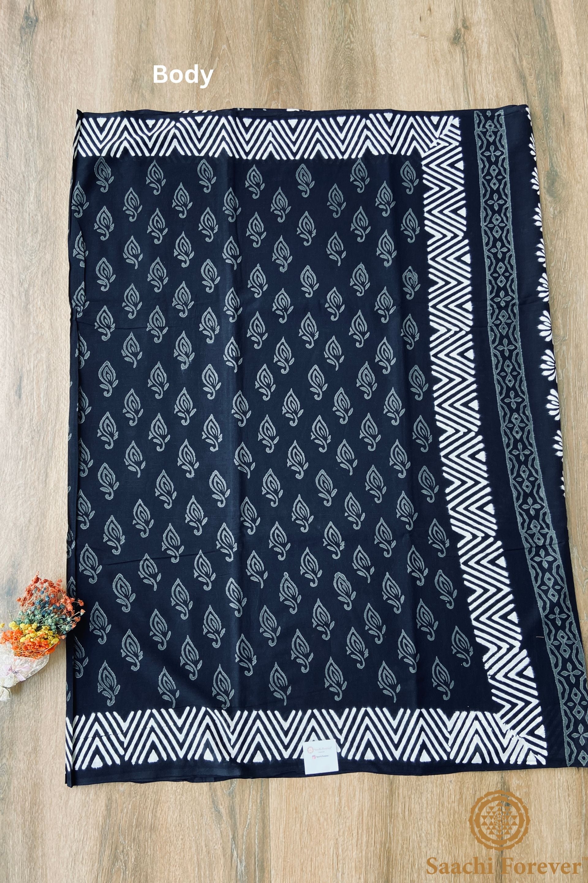 Black & Grey Dabu Block Printed Mulmul Cotton Saree