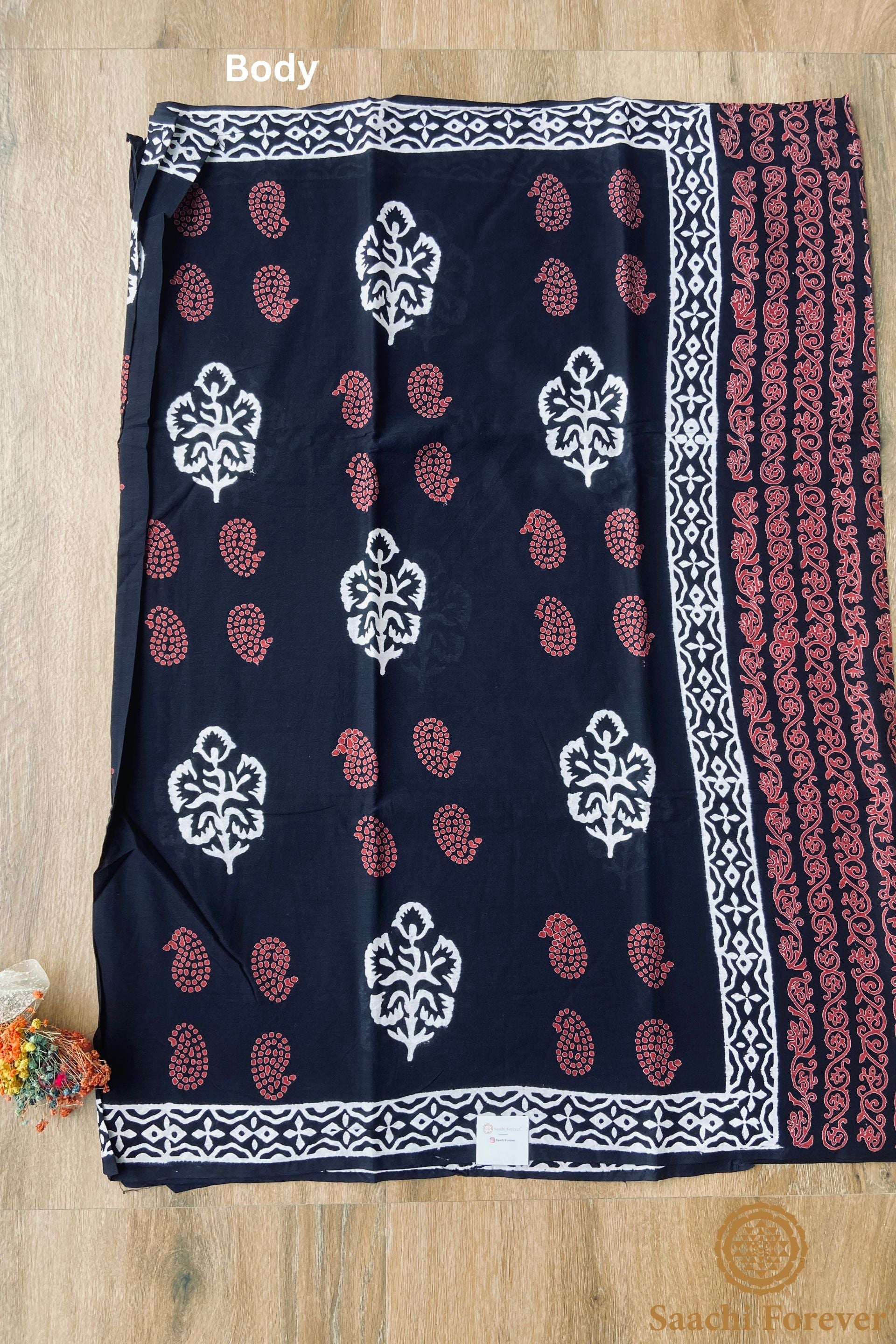 Black Dabu Block Printed Mulmul Cotton Saree