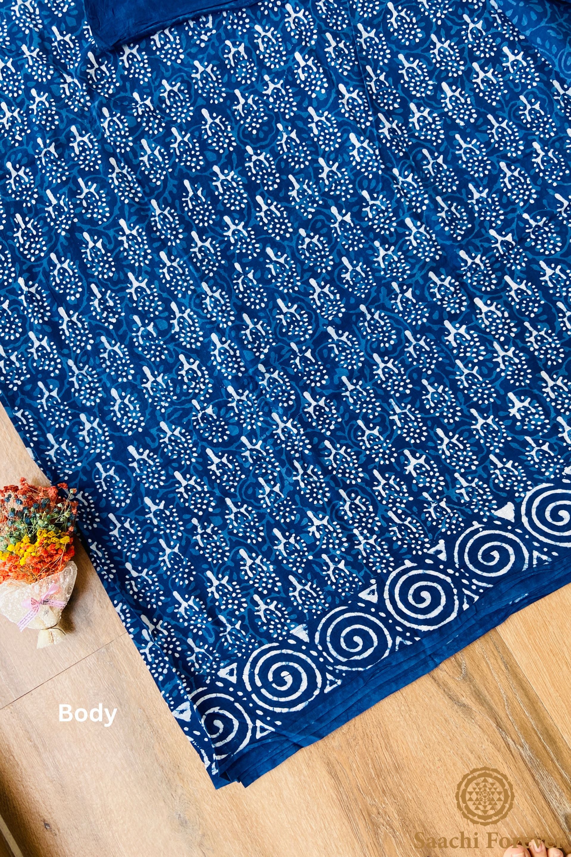 Indigo Block Printed Mulmul Cotton Saree