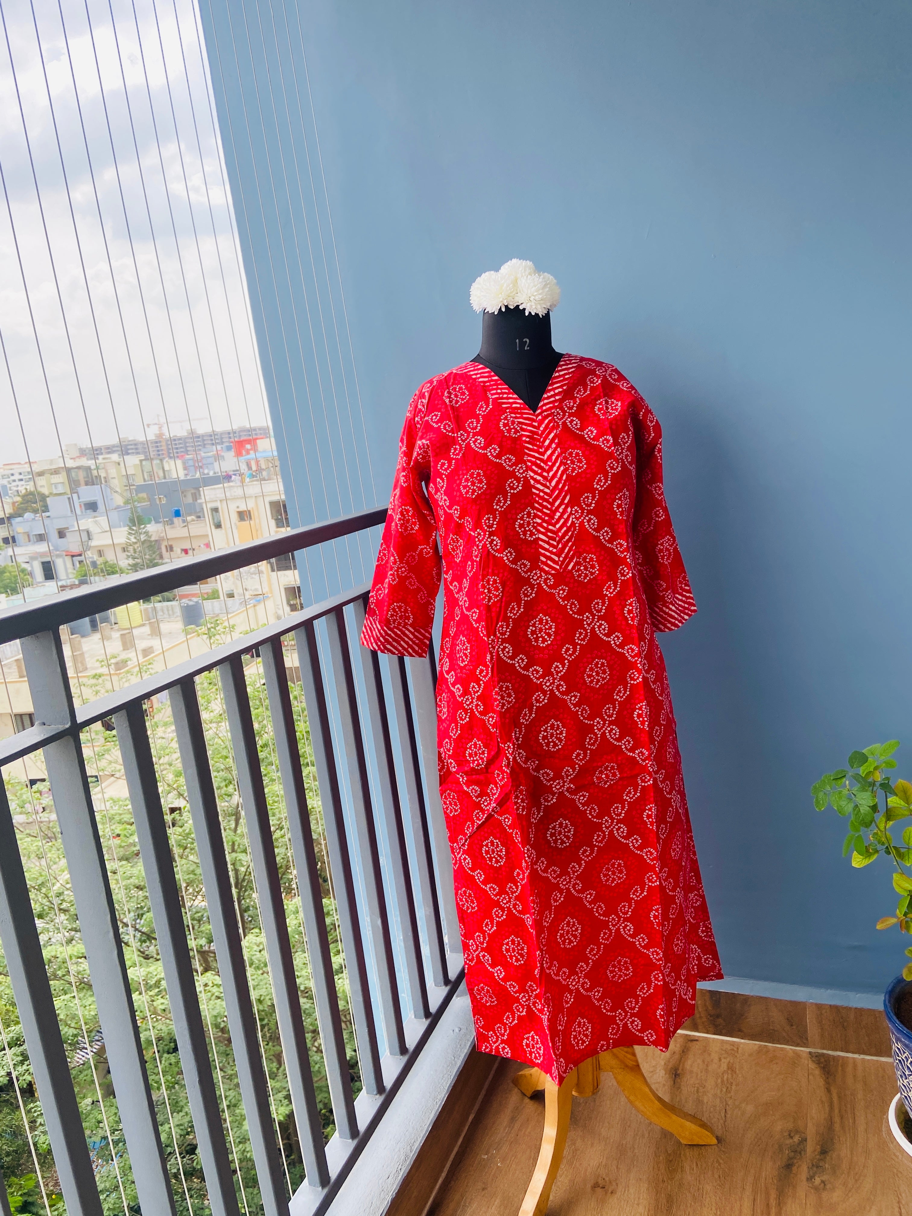 Cherry Red Cotton Bandhani suit set - 3 Piece