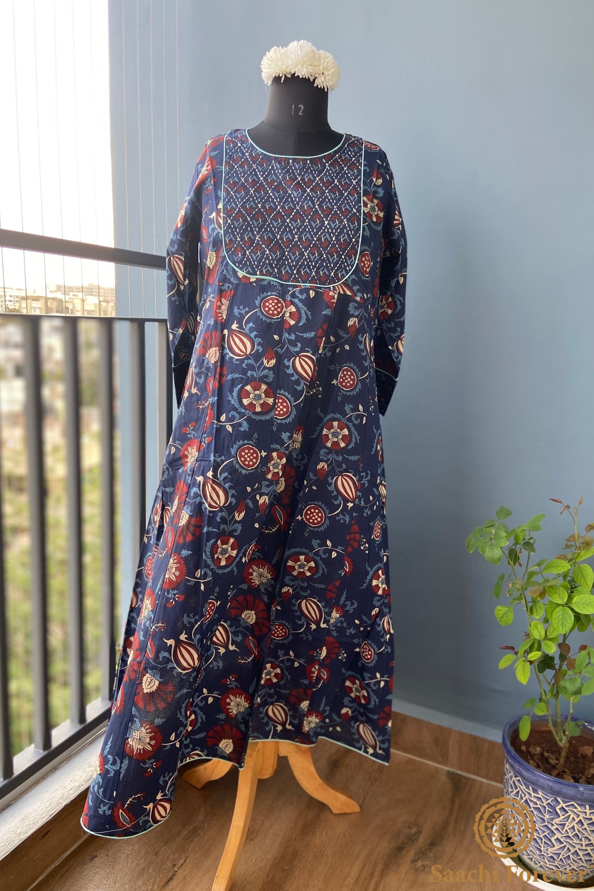 Dark Blue Cotton Printed stitched Anarkali Suit– 3 Piece