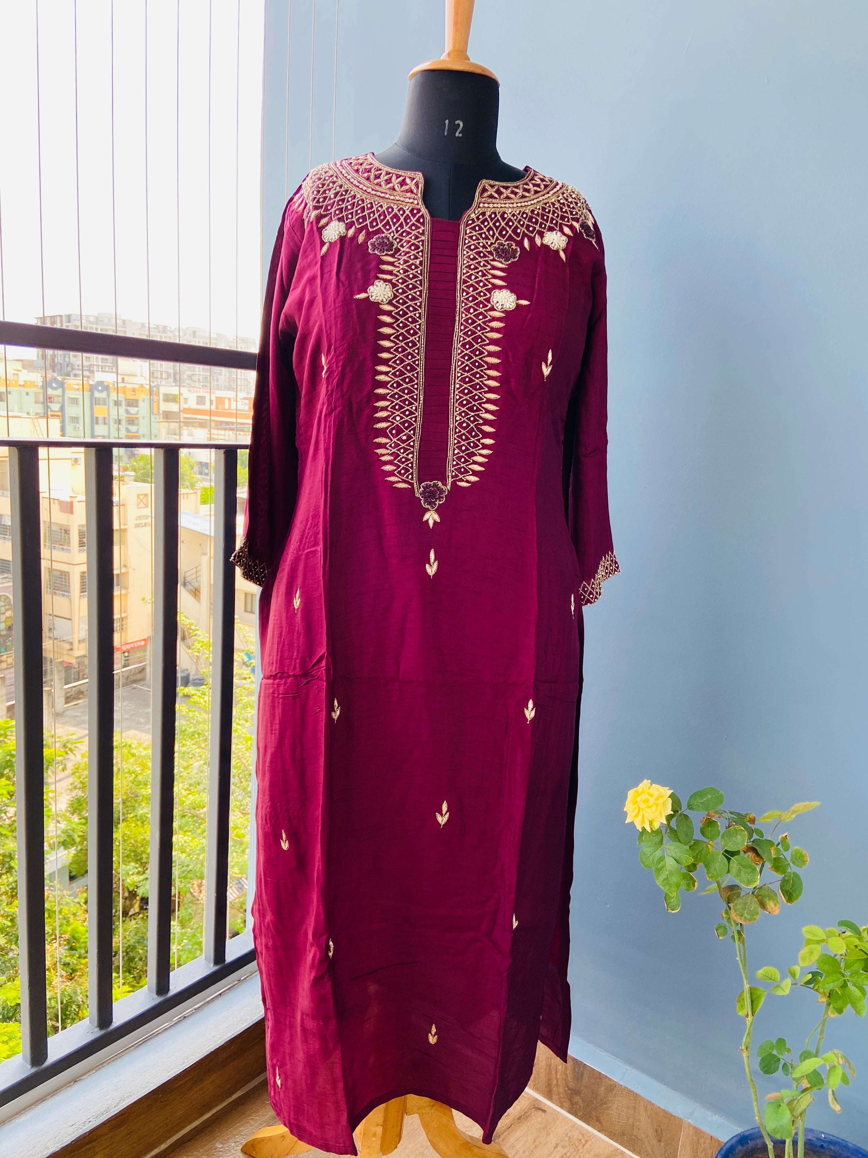 Maroon Dola Hand Zardosi Suit Set - 3 Piece