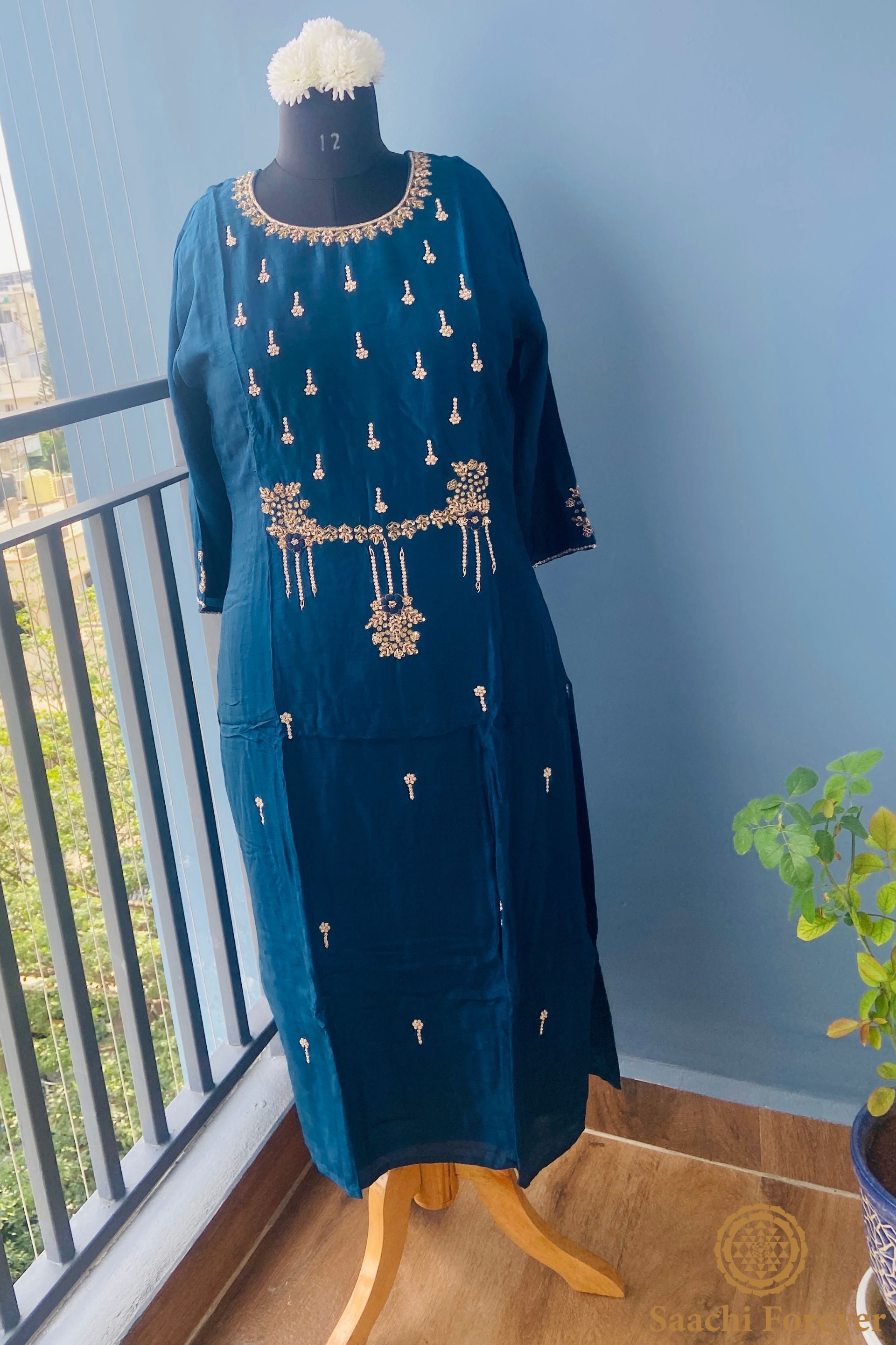 Peacock Blue Dola Silk Hand zardosi All Over Suit - 3 Piece