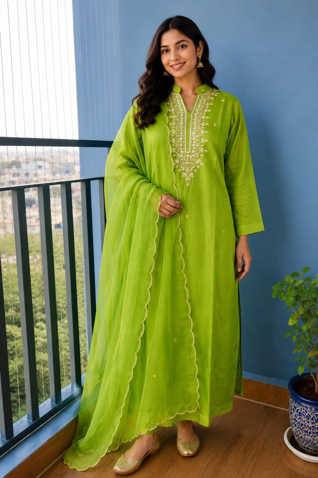 Parrot green Dola Silk Gota Patti & Hand zardosi suit set - 3 Piece