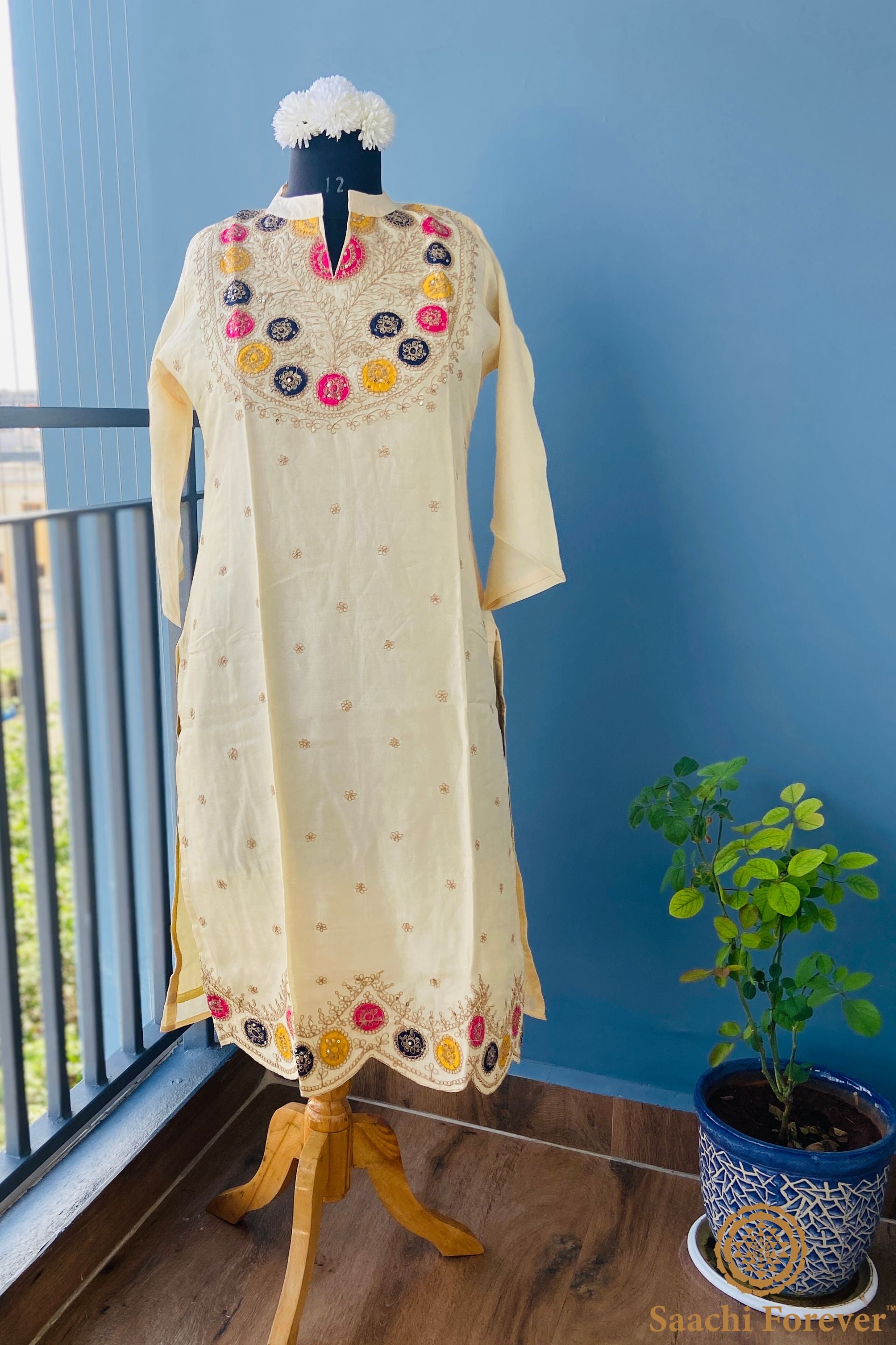 Creamy shade Dola Silk Patch Work Zardosi Suit - 3 Piece