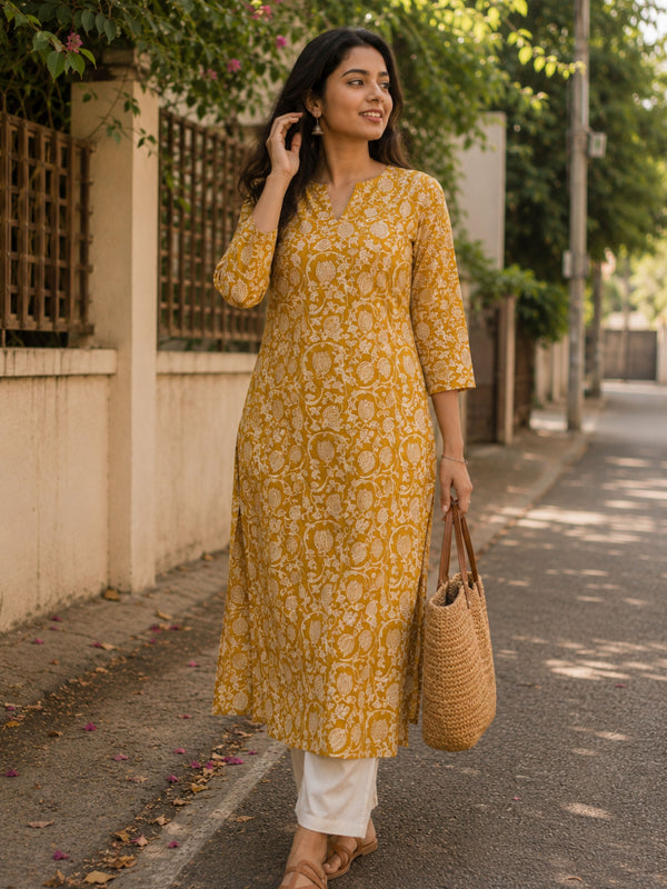 Mustard Sanganeri Straight Cut Kurta