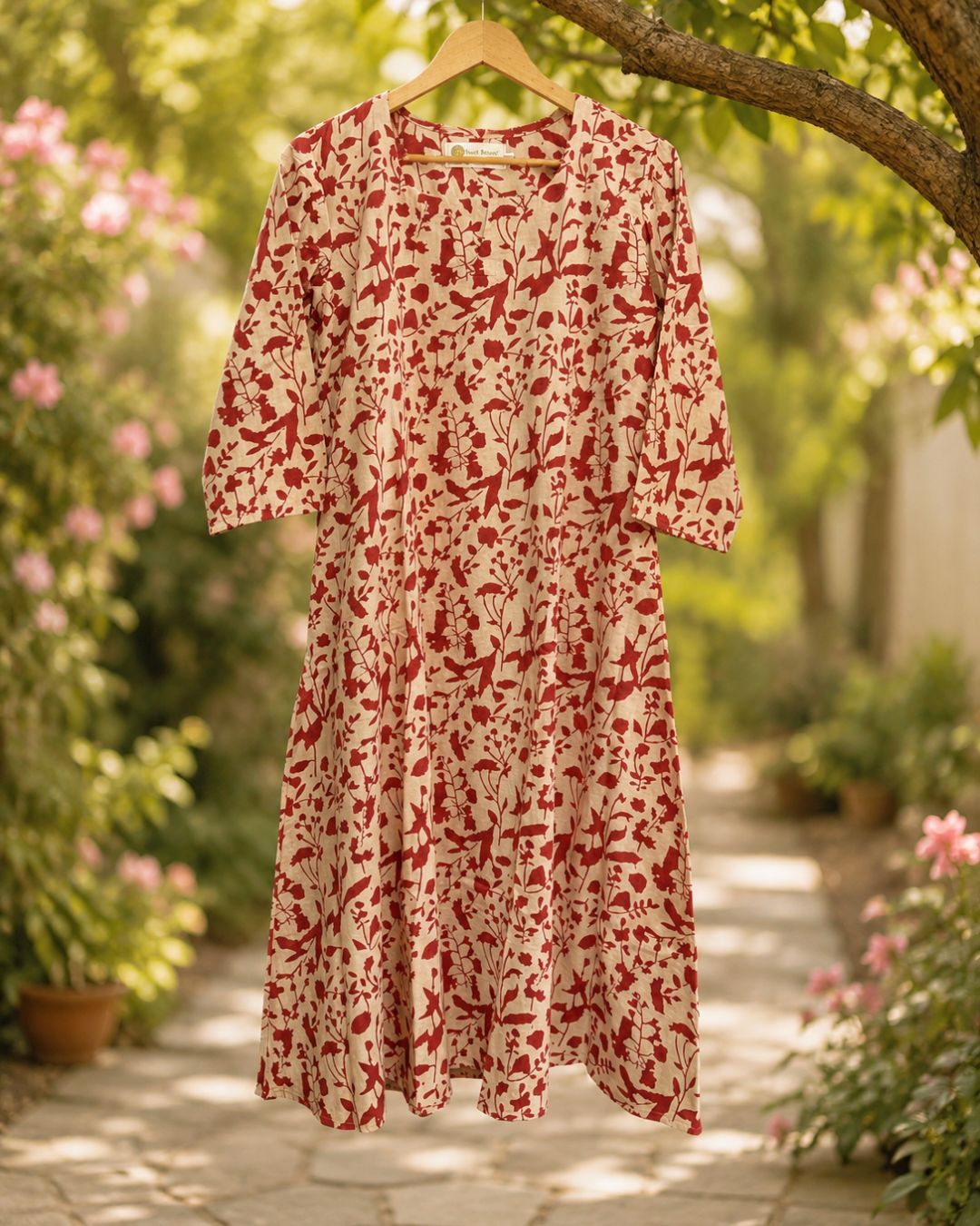 Beige & Red Bagru Cotton Block Printed A-Line Kurta