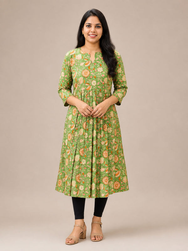 Green Bagru Block Printed A-Line Kurta