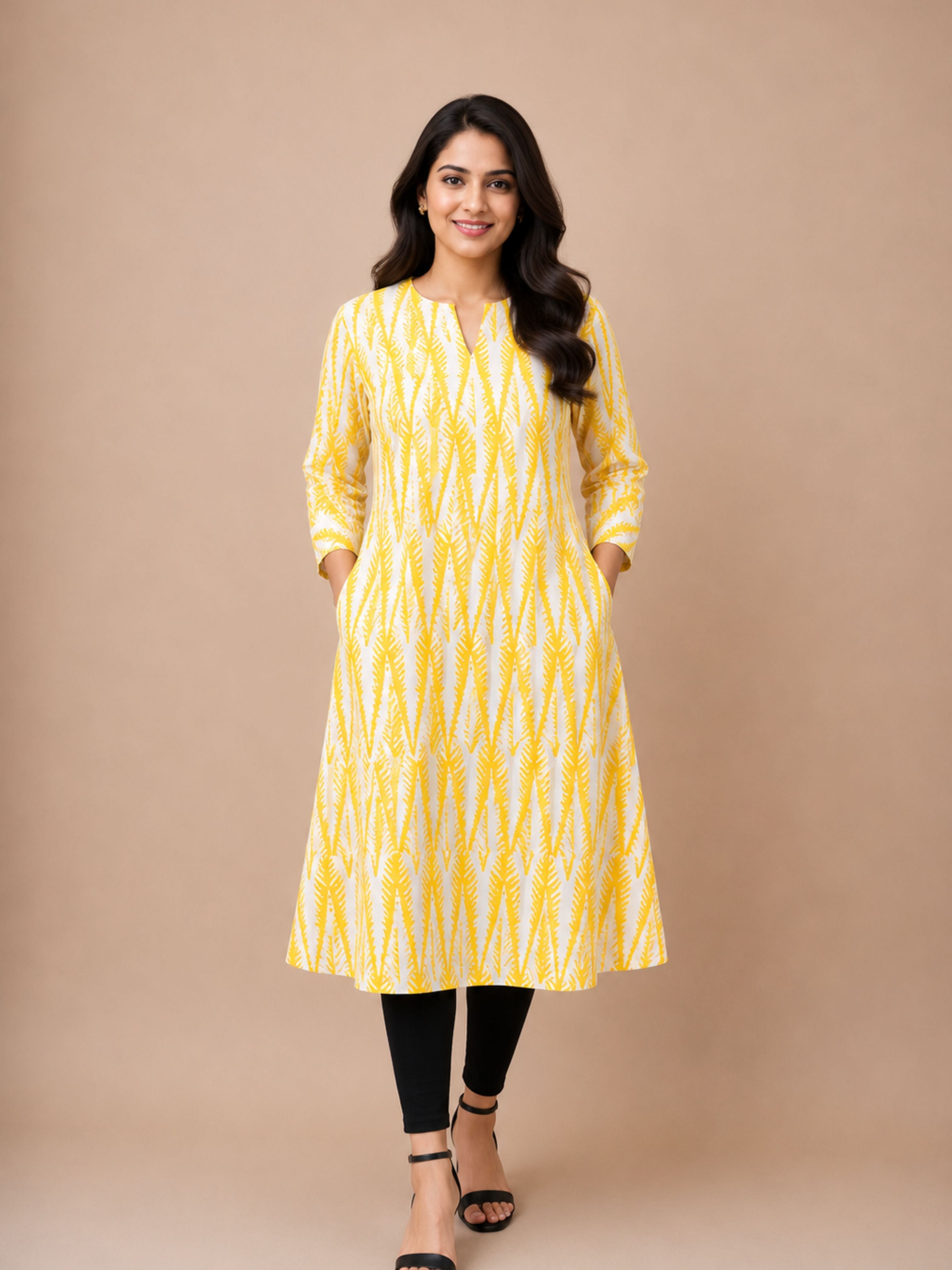 Yellow & White Bagru Block Printed A-Line Kurta With Lining