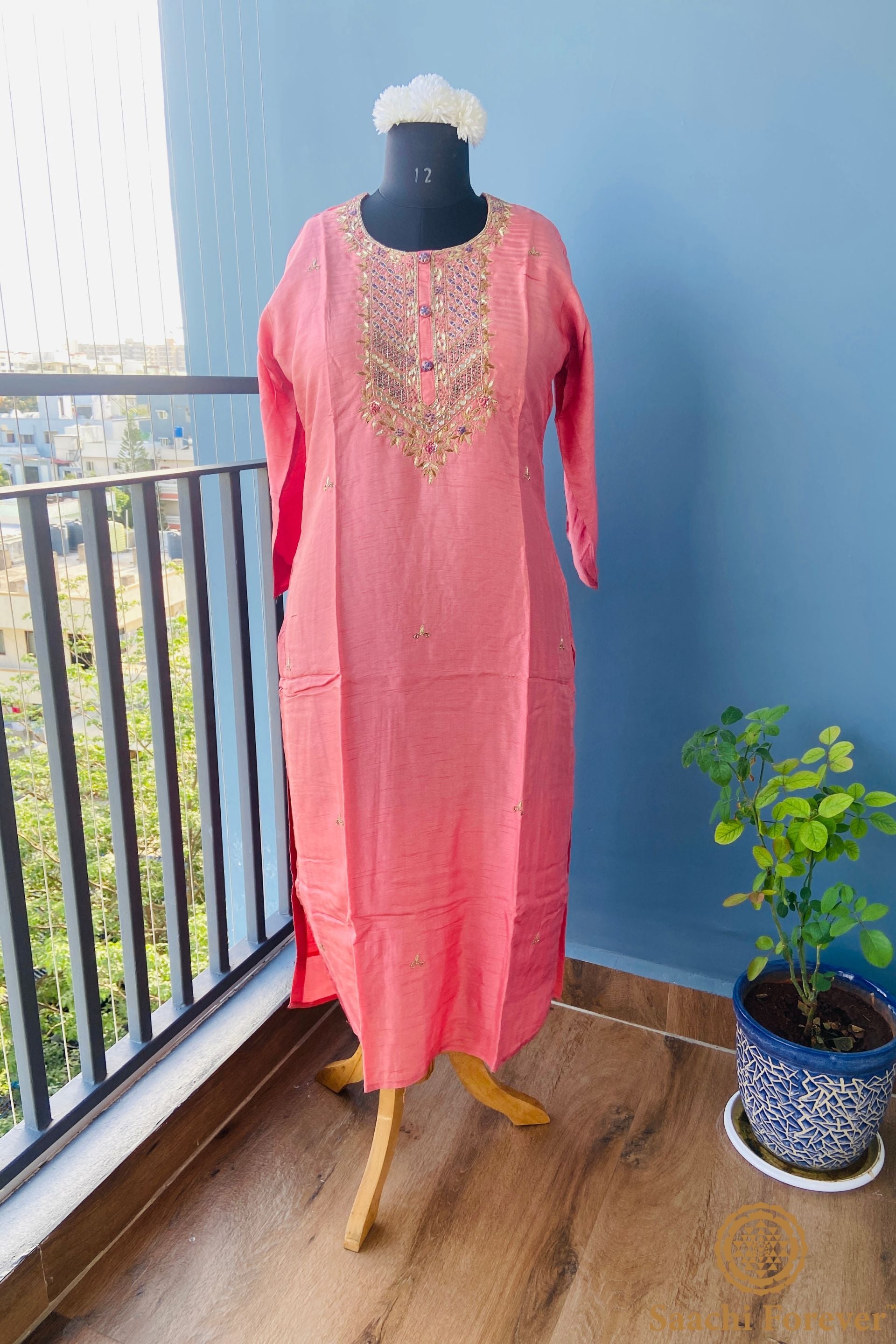 Salmon Pink Dola Silk Hand Zardosi Suit Set - 3 Piece