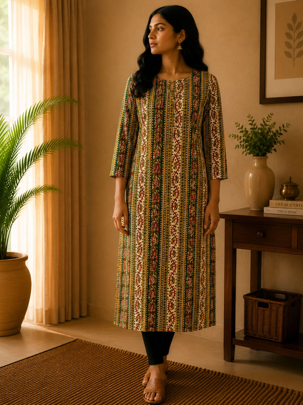 Green Kalamkari Strips Cotton Kurta