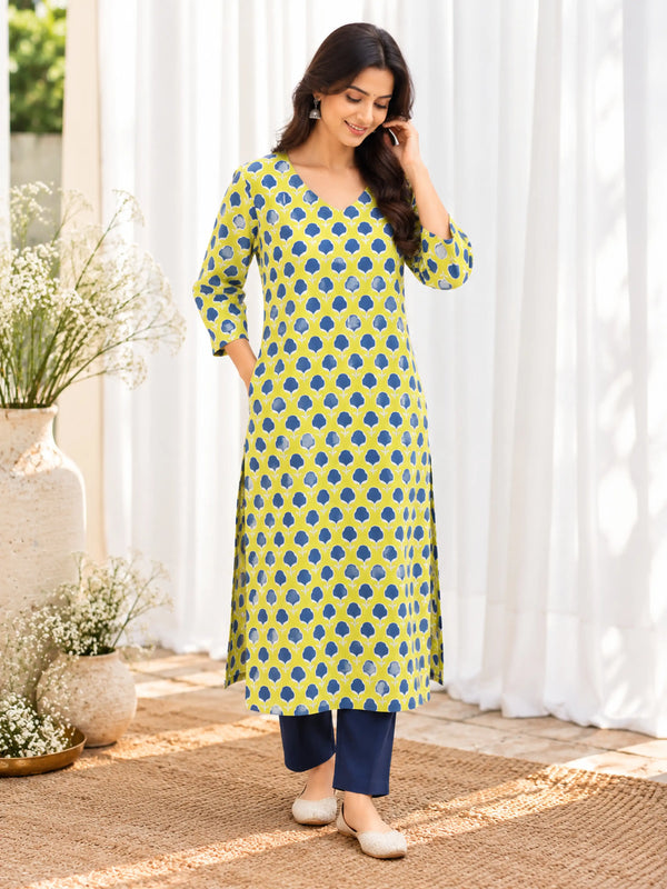 Lime Green Indigo Bud Cotton Handblock Straight Kurta