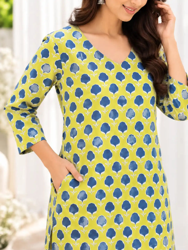 Lime Green Indigo Bud Cotton Handblock Straight Kurta
