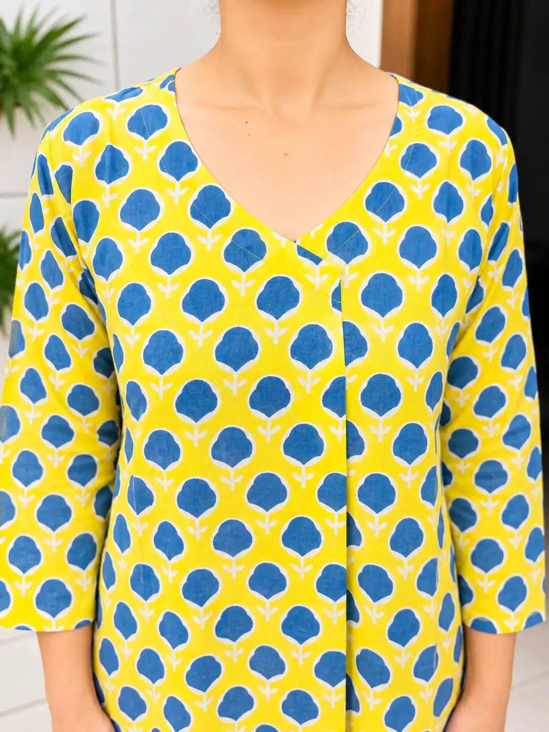Lime Green Indigo Bud Cotton Handblock Straight Kurta