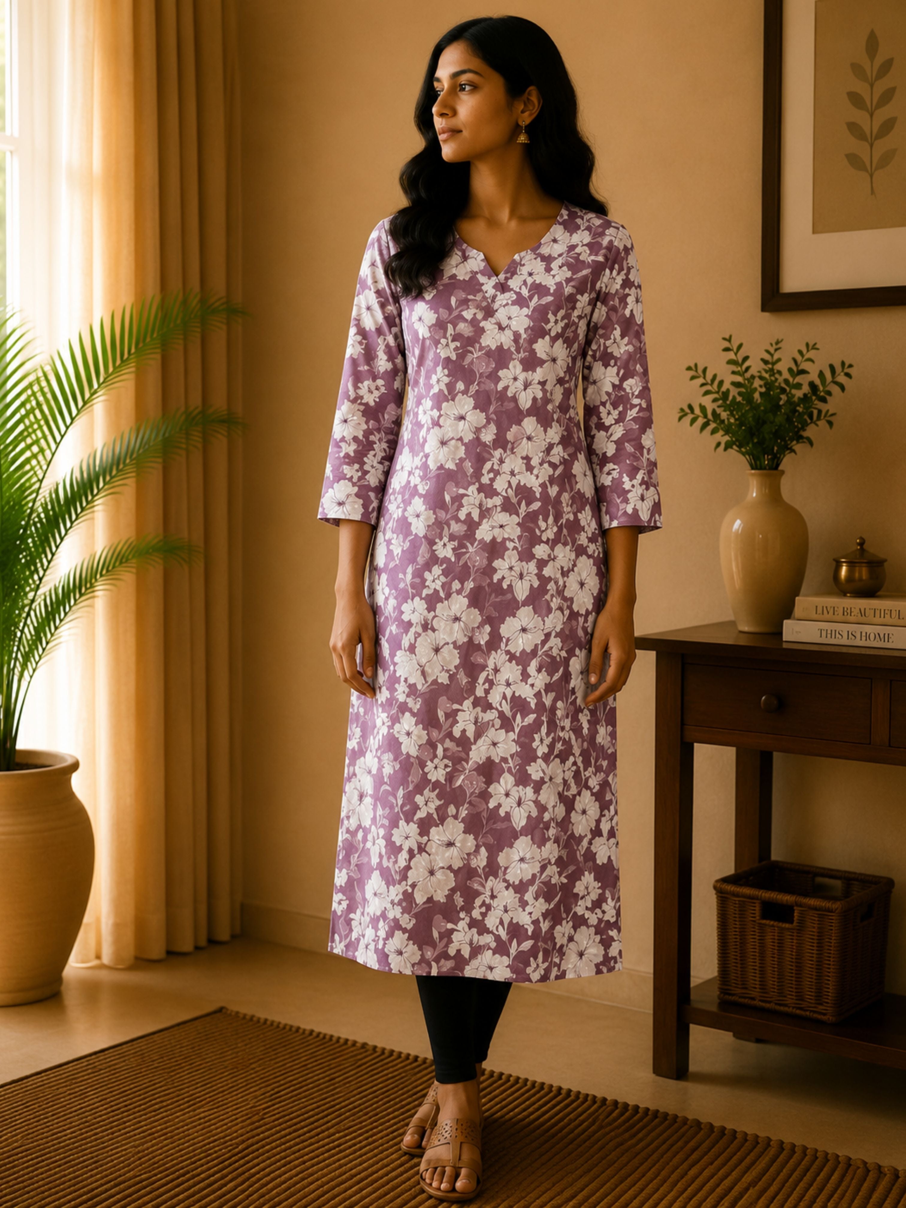 Lavender & White Cotton Kurta