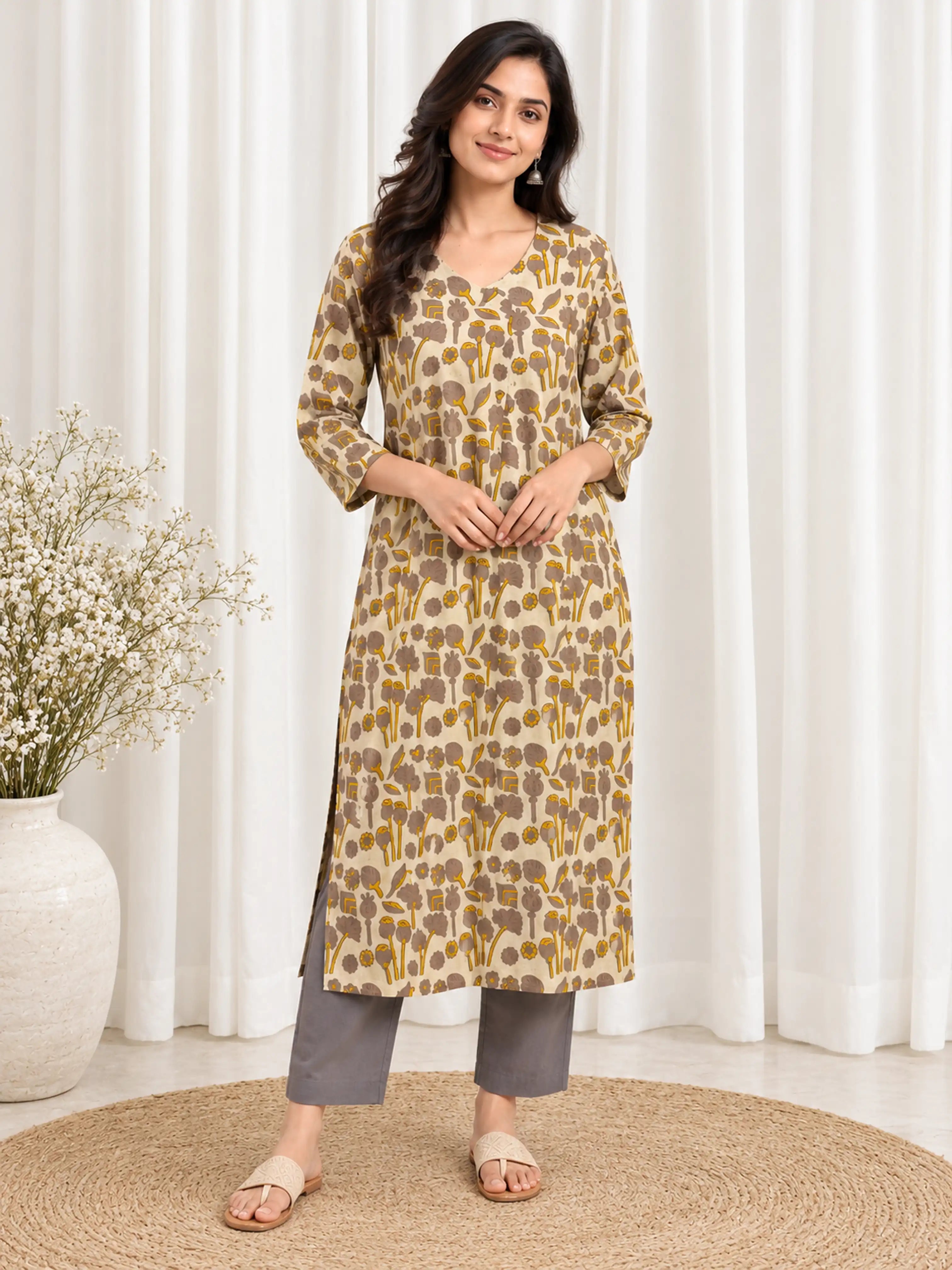 Beige & Mustard Jahota Handblock Printed Straight Cut Cotton Kurta