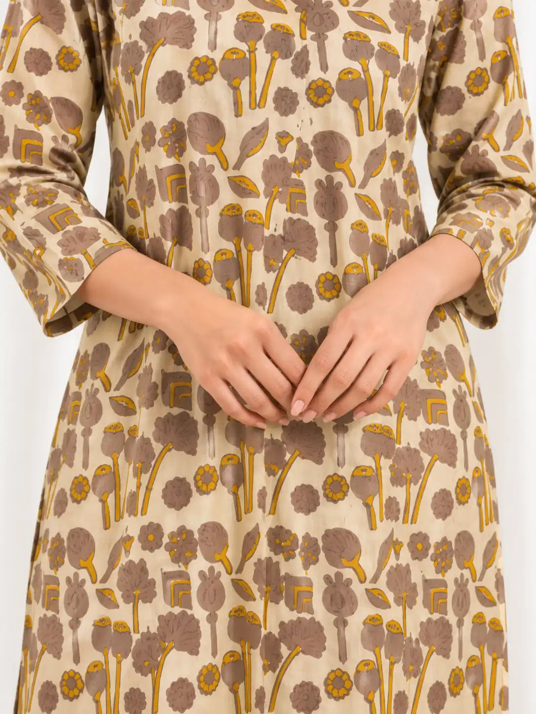 Beige & Mustard Jahota Handblock Printed Straight Cut Cotton Kurta