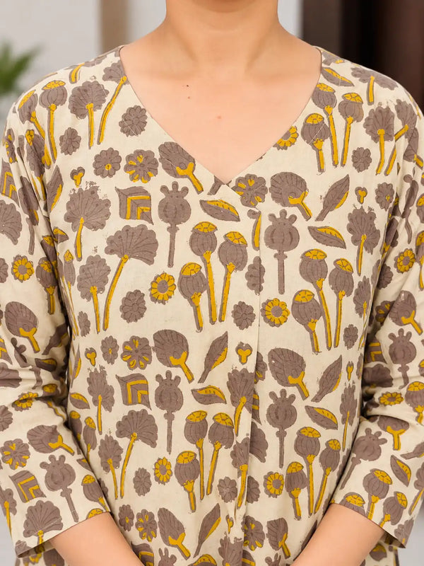 Beige & Mustard Jahota Handblock Printed Straight Cut Cotton Kurta
