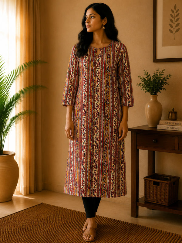 Maroon Kalamkari Strips Cotton Kurta