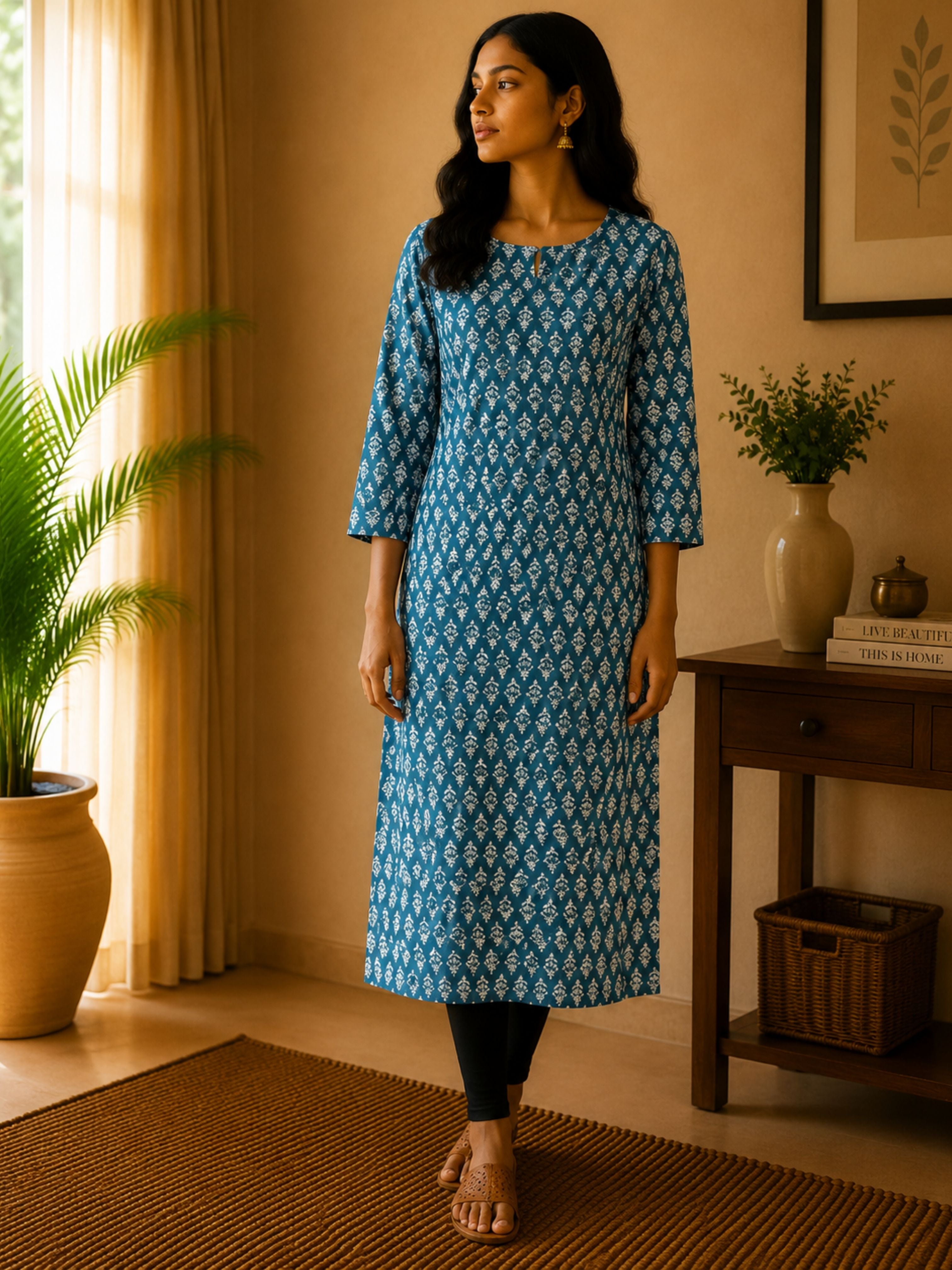Blue Butti Cotton Kurta