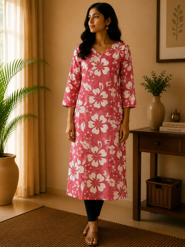 Pink & White Floral Cotton Kurta