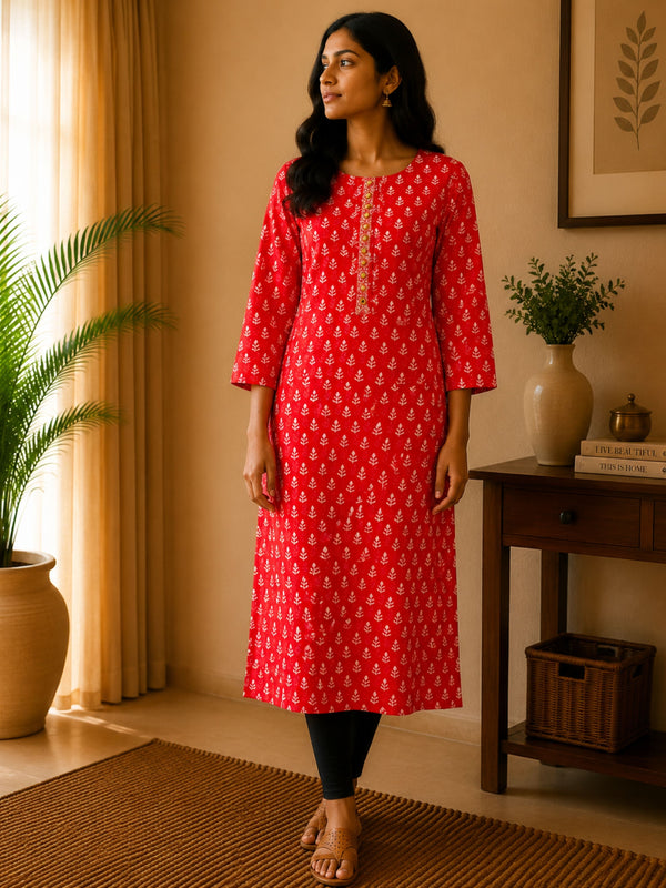 Soft Red Cotton Kurta With Embroidery