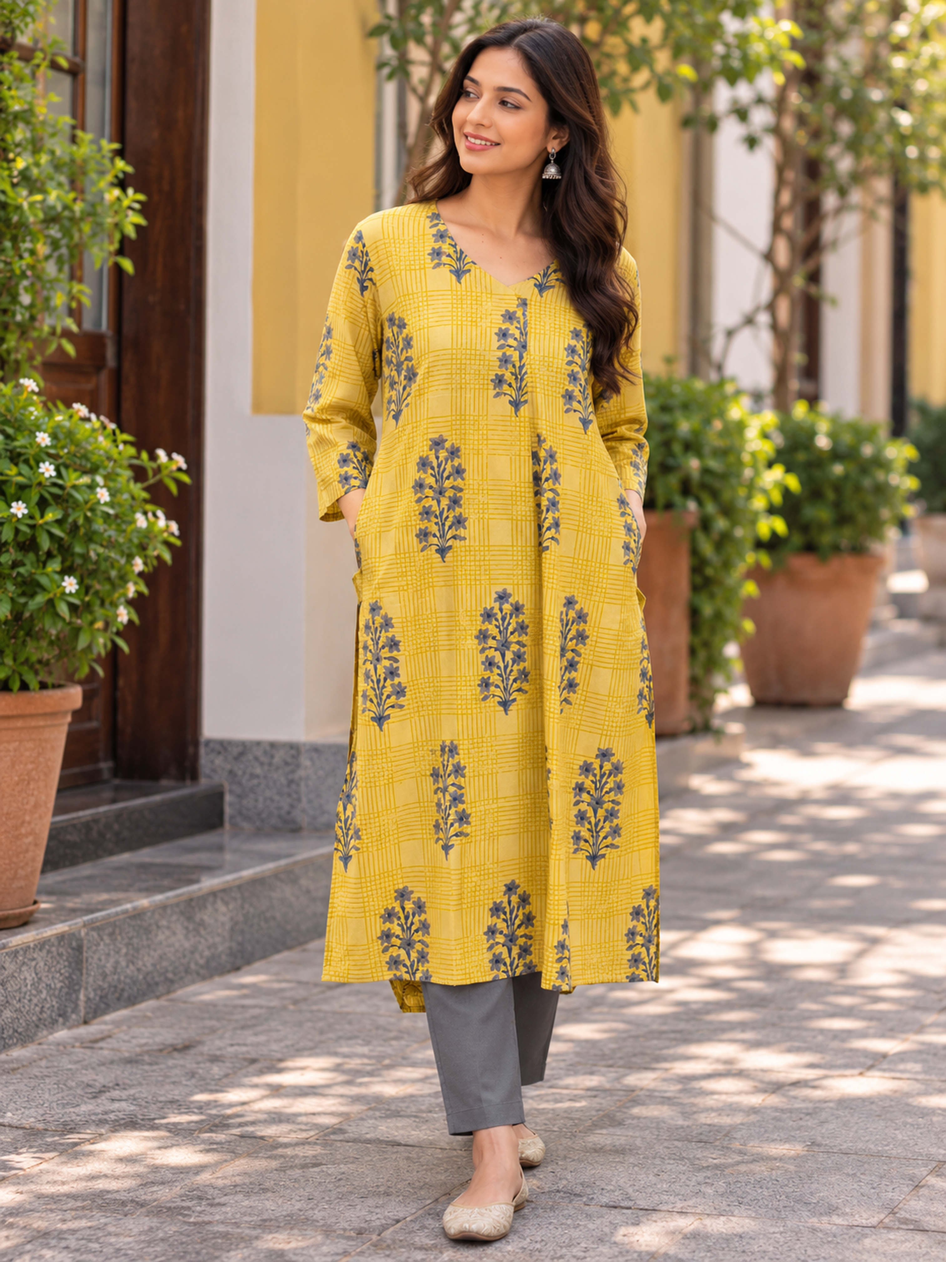 Mustard Yellow & Grey Handblock Printed Straight Cut Cotton Kurta