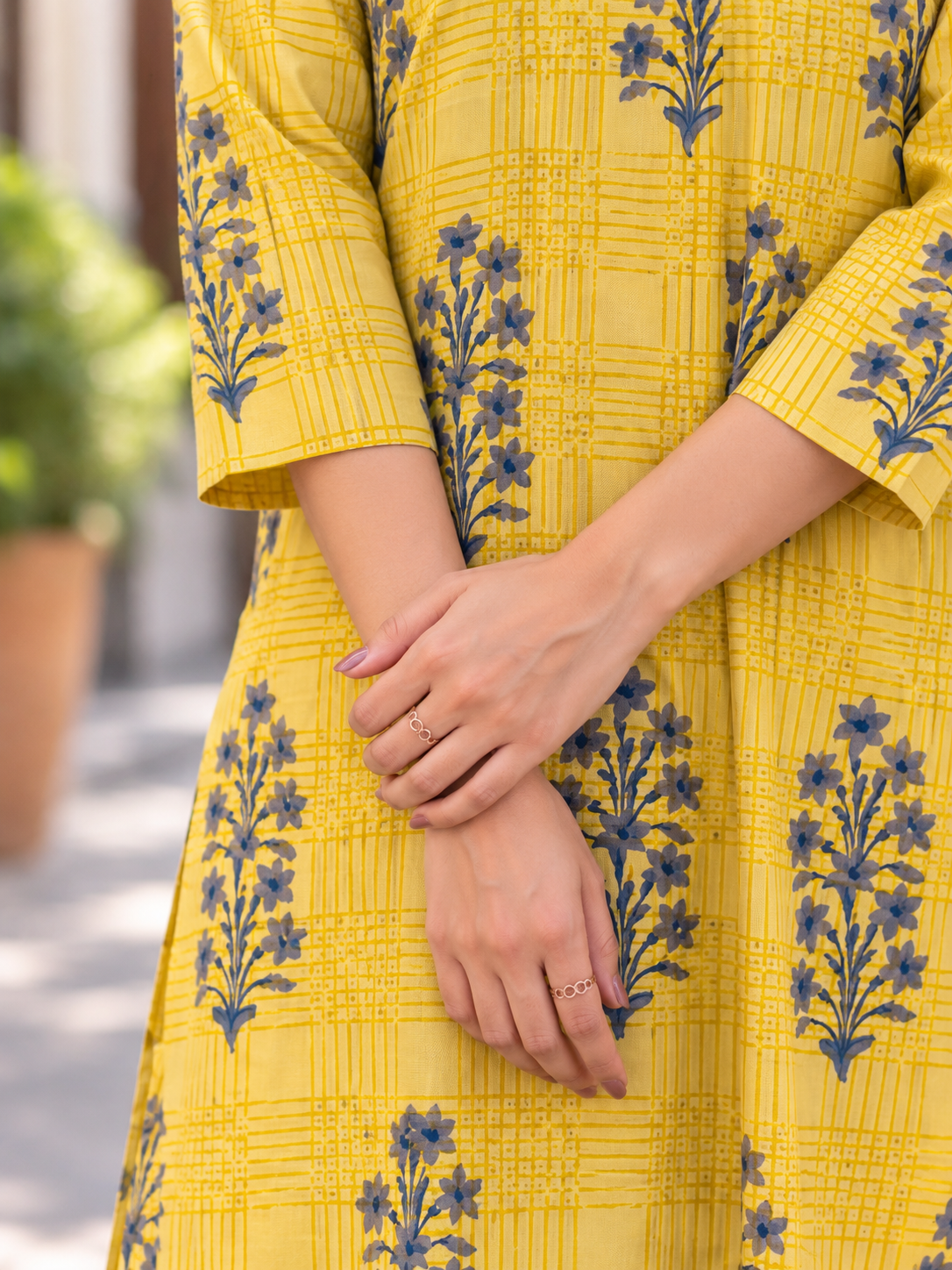 Mustard Yellow & Grey Handblock Printed Straight Cut Cotton Kurta