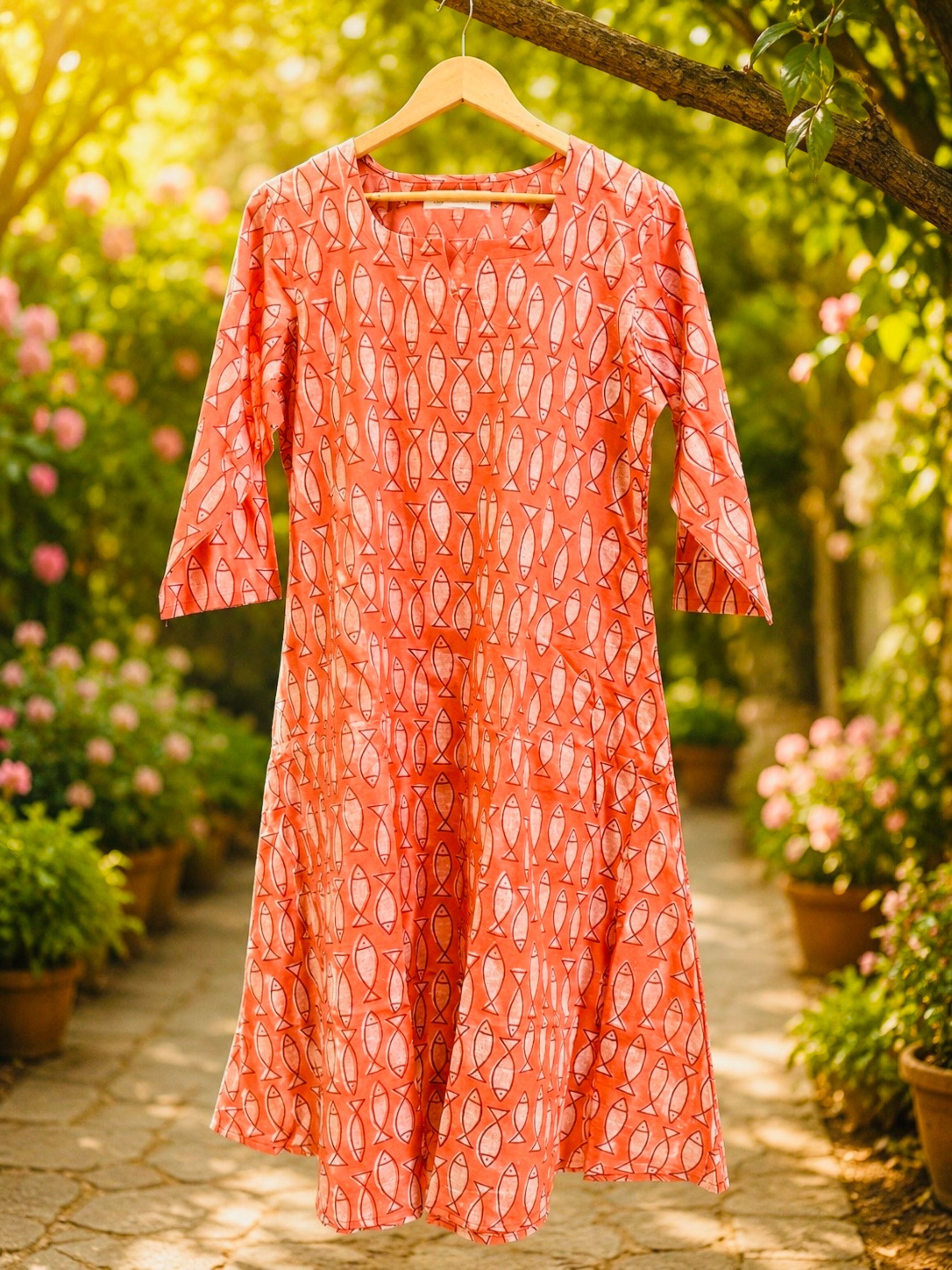 Orange Dabu Cotton Block Printed A-Line Kurta