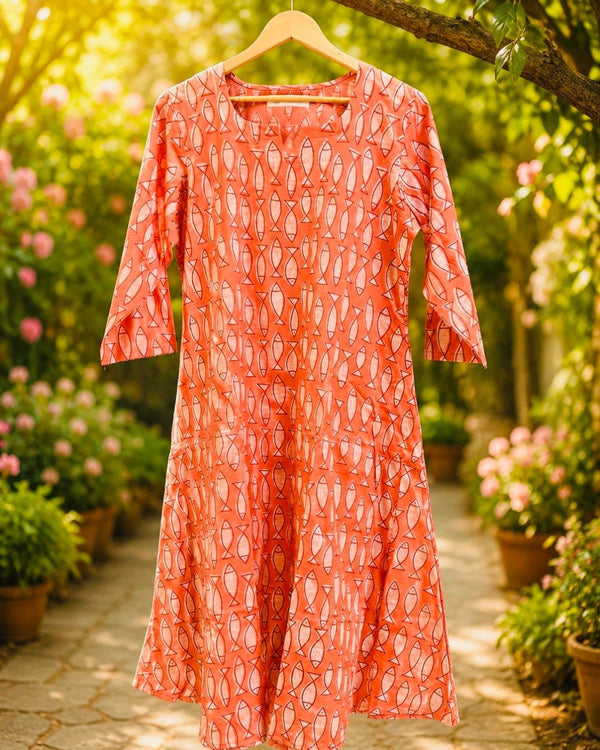 Orange Dabu Cotton Block Printed A-Line Kurta