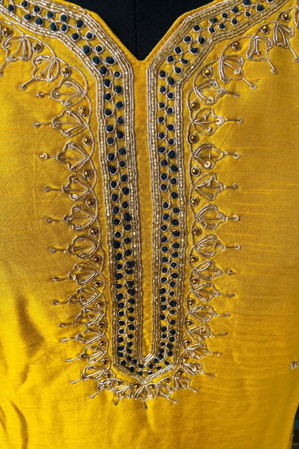 Mustard Yellow Dola Silk Hand zardosi Suit Set - 3 Piece