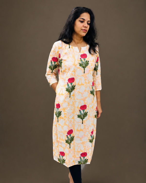 White Sanganeri Straight Kurta With Lining