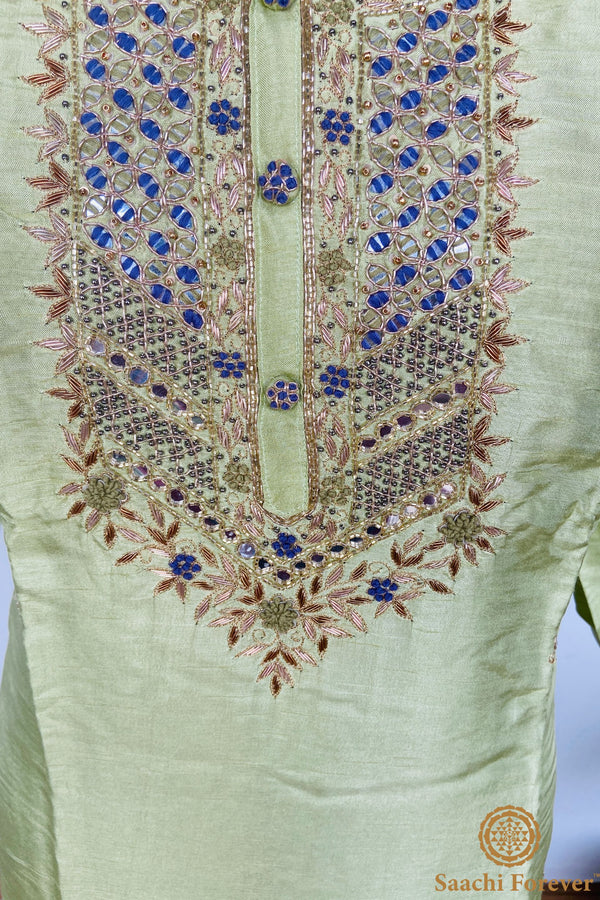 Lime Green Dola Silk Hand Zardosi Suit Set - 3 Piece