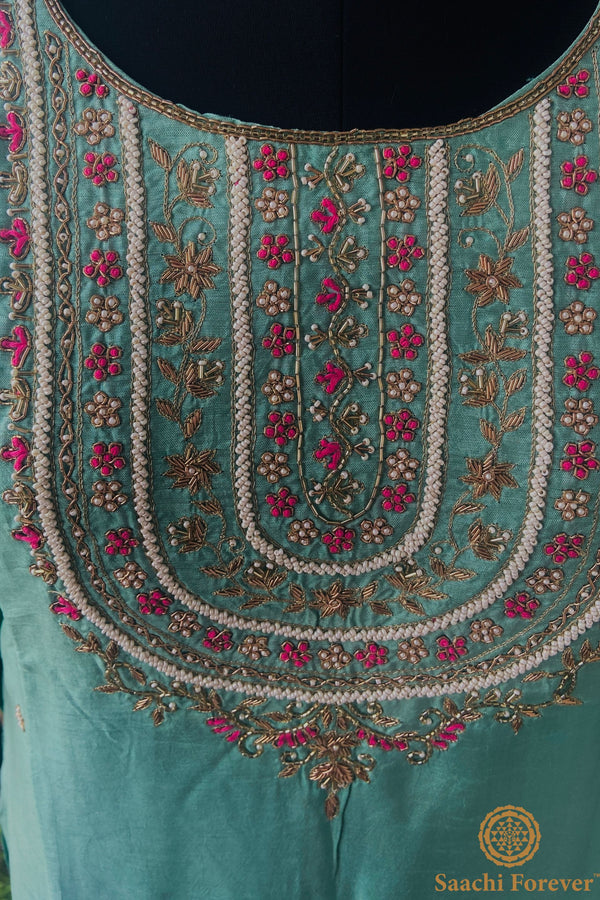 Bluish green Dola Silk Pearl & Hand Zardosi Suit - 3 Piece