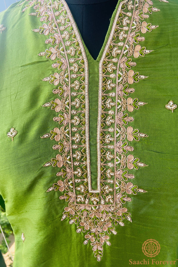 Parrot green Dola Silk Gota Patti & Hand zardosi suit set - 3 Piece