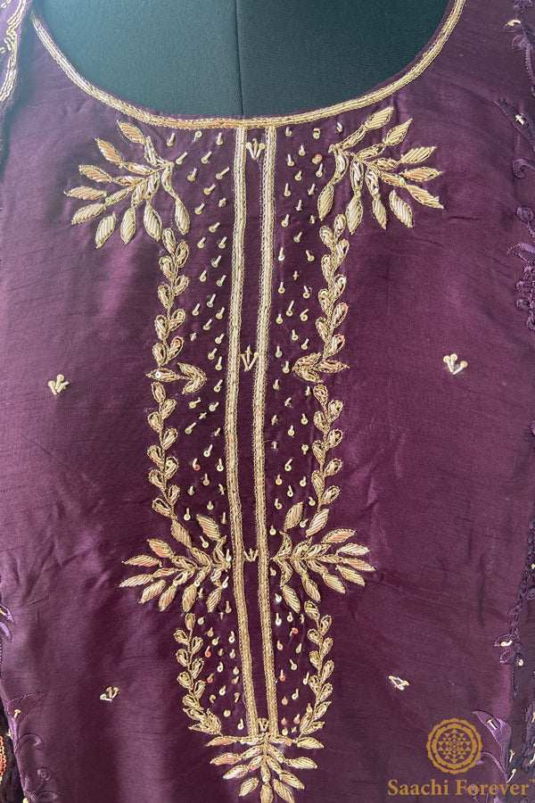 Wine Dola Silk Hand Zardosi & Thread Work Suit Set - 3 Piece