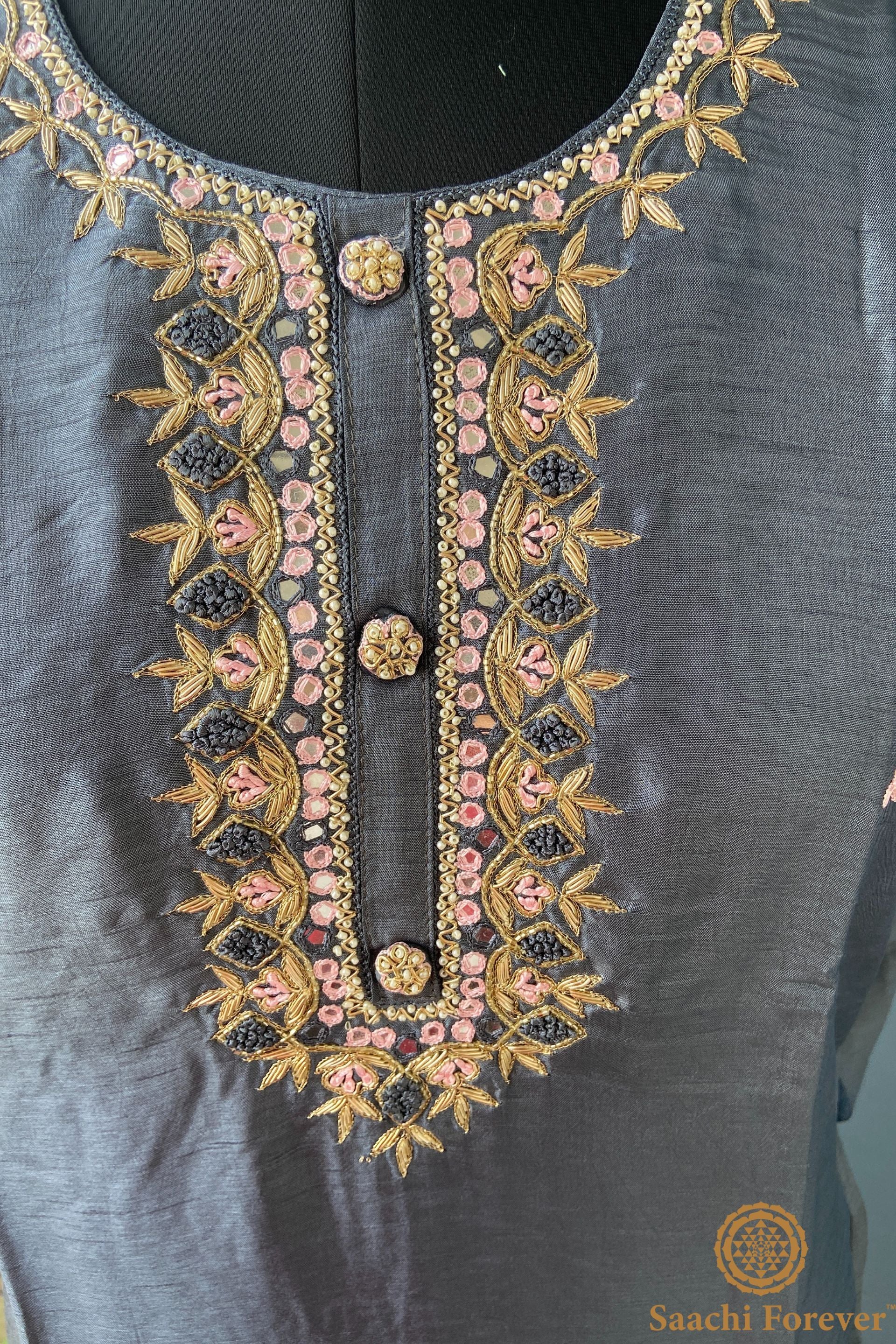 Grey Dola Silk Hand Zardosi Suit Set - 3 Piece