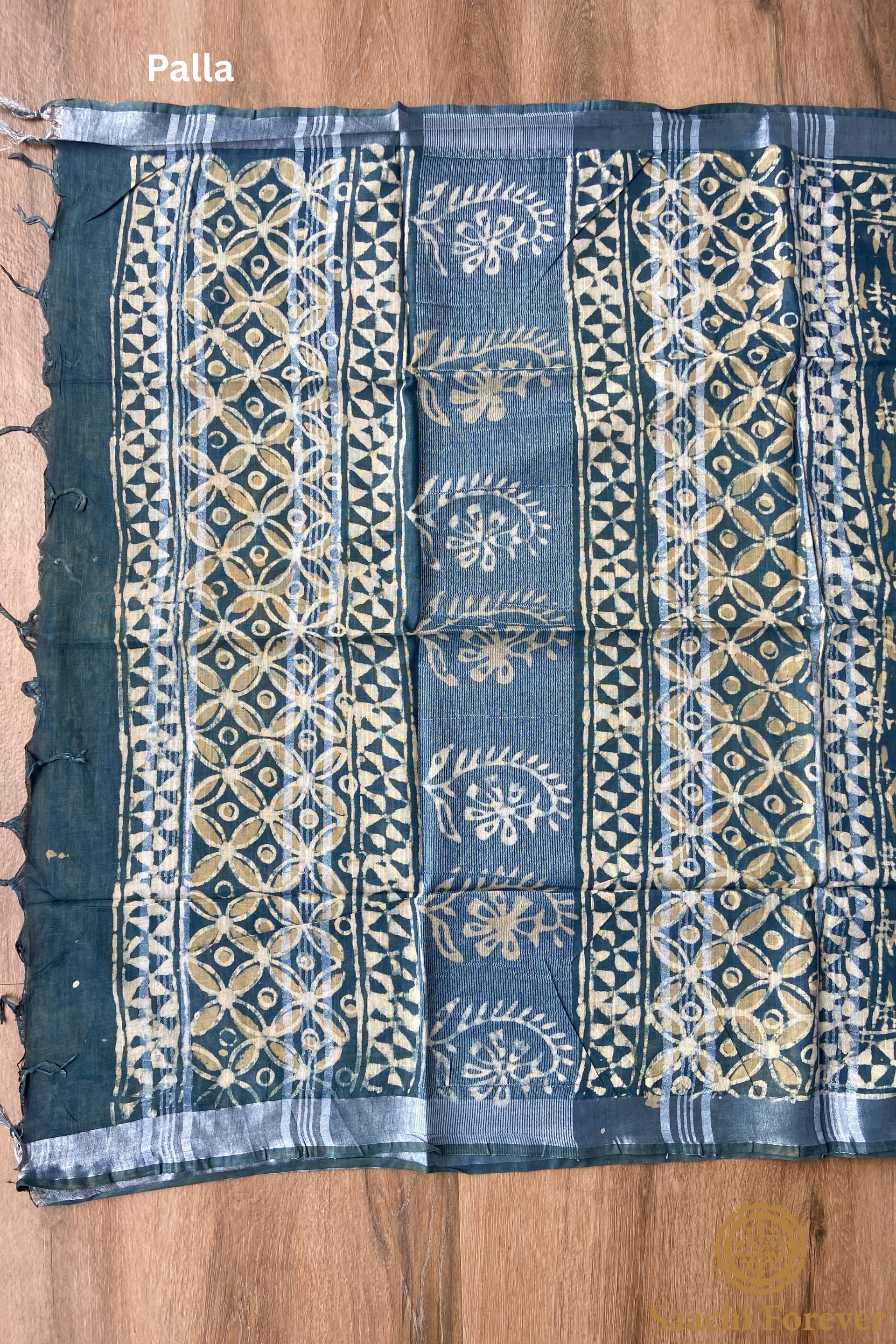 Indigo Green Block Printed Linen silver zari Saree