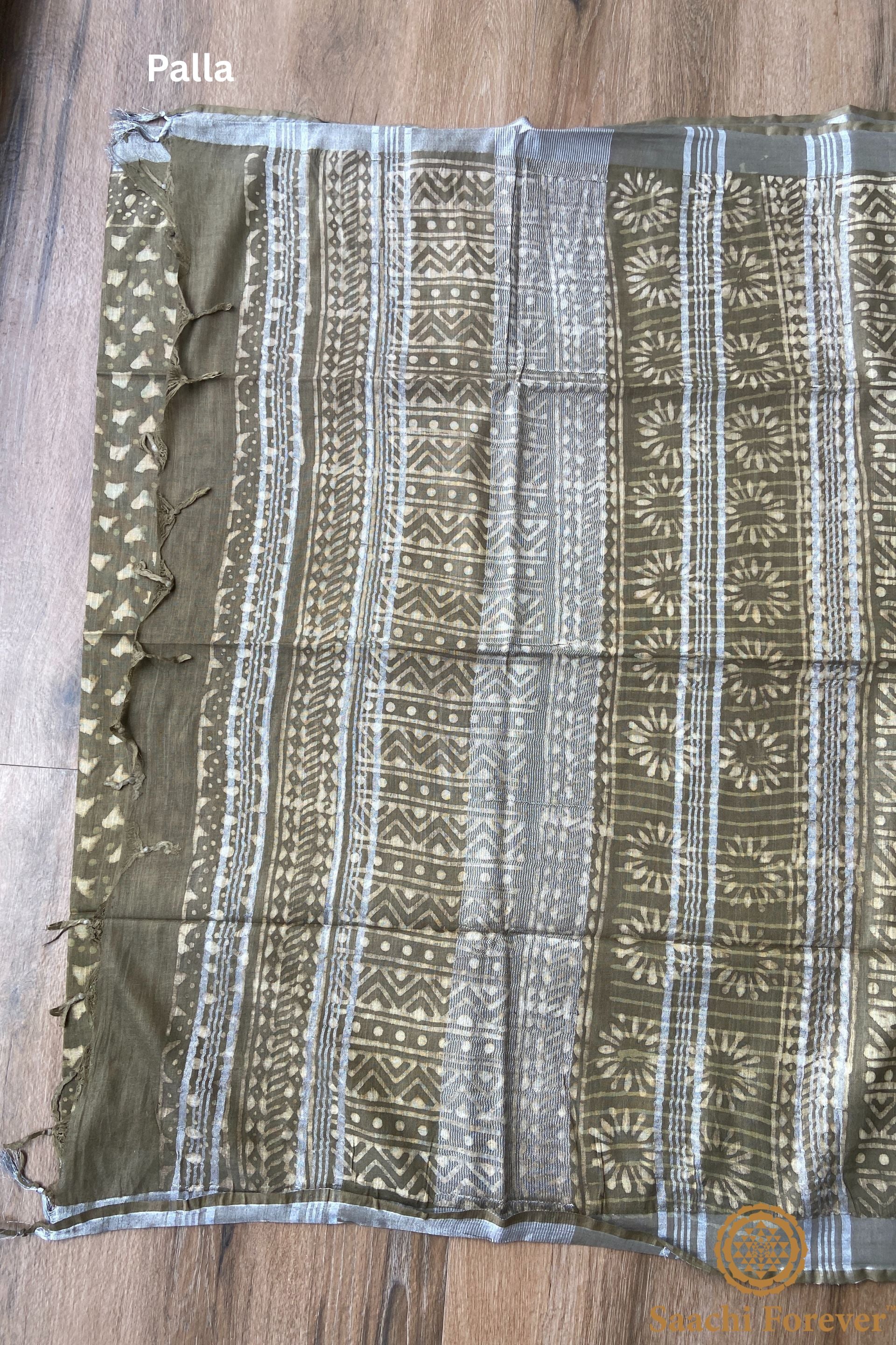 Olive Green Block Printed Linen silver zari Saree