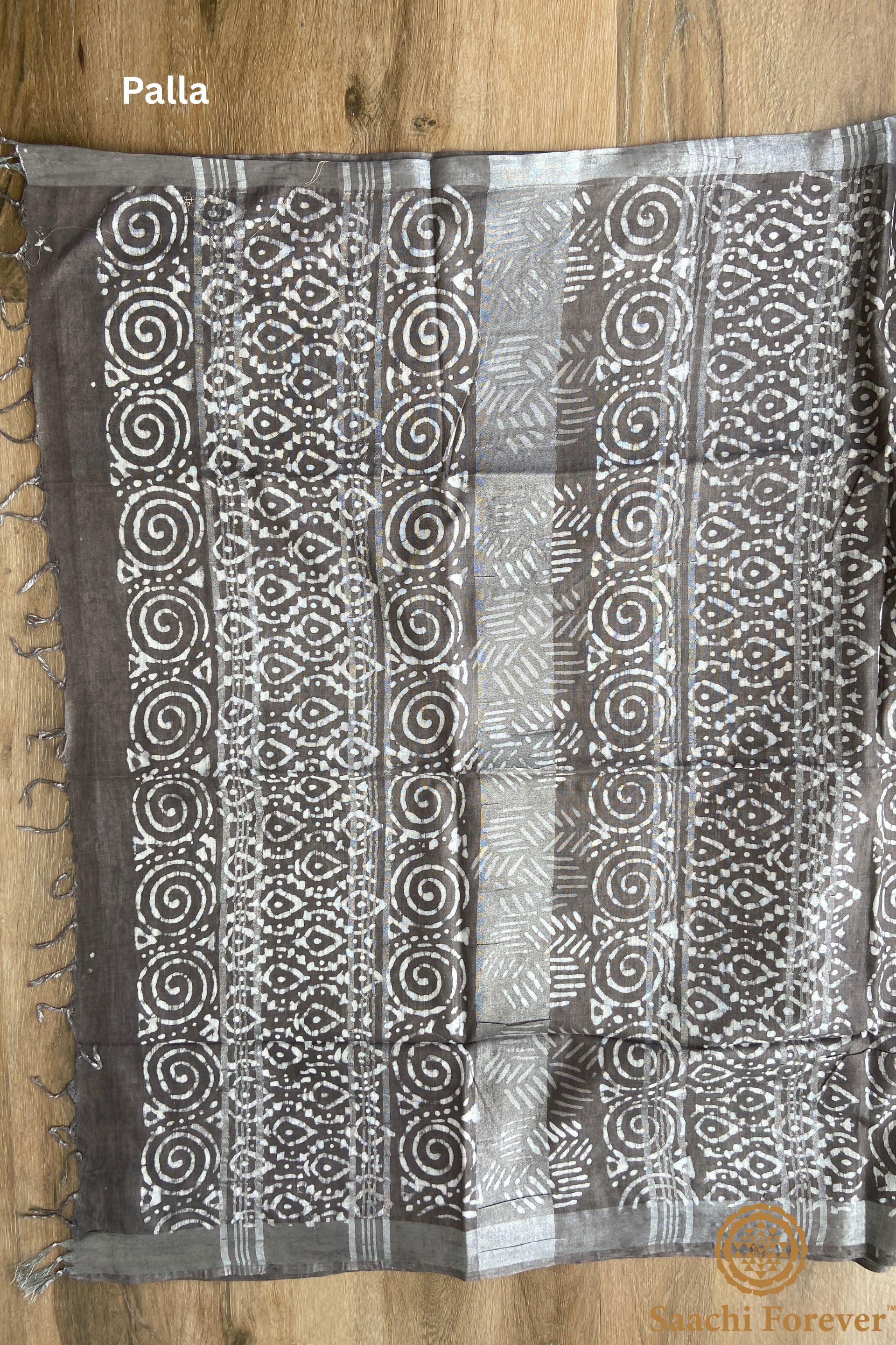 Light Grey Block Printed Linen silver zari Saree