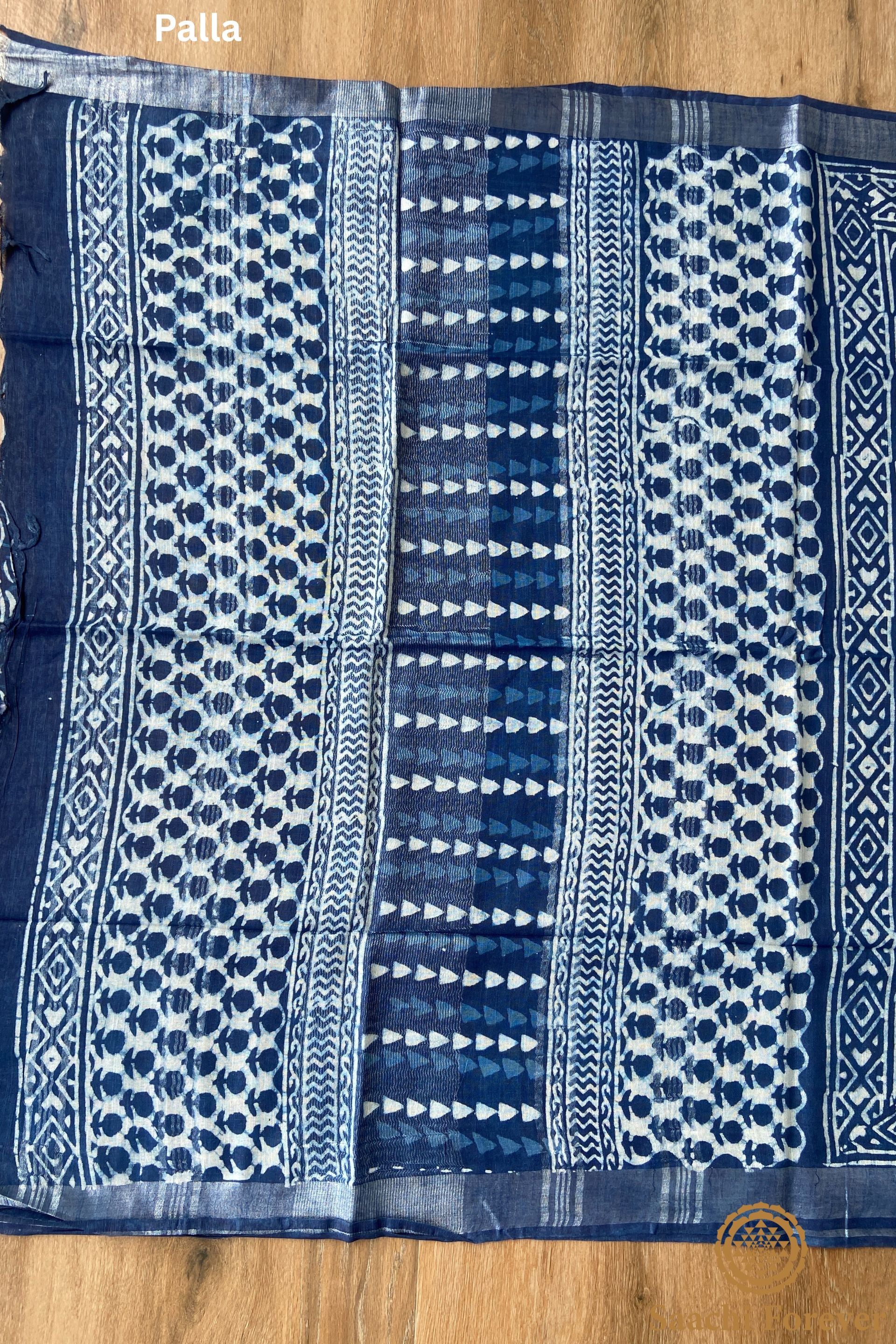 Indigo Block Printed Linen silver zari Saree