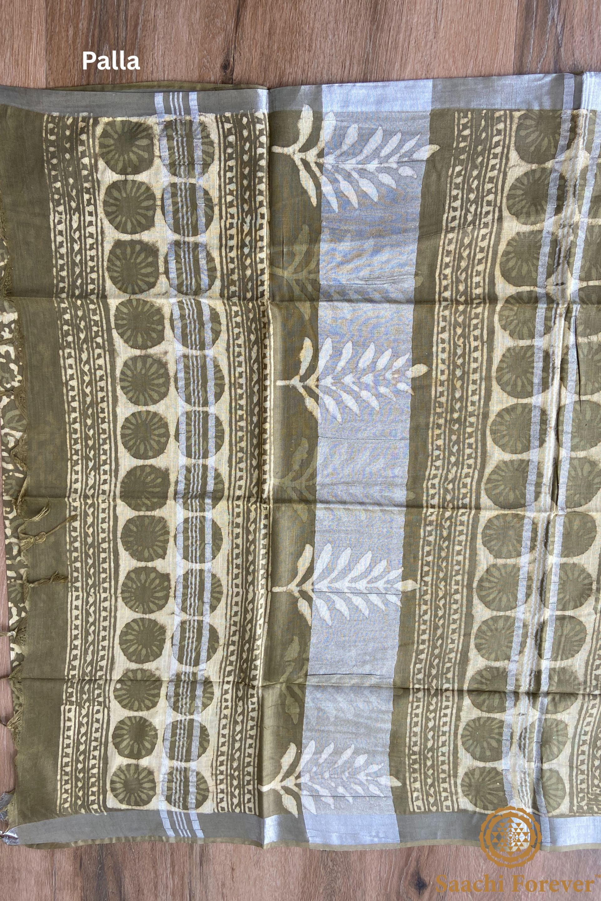 Olive Green Block Printed Linen silver zari Saree