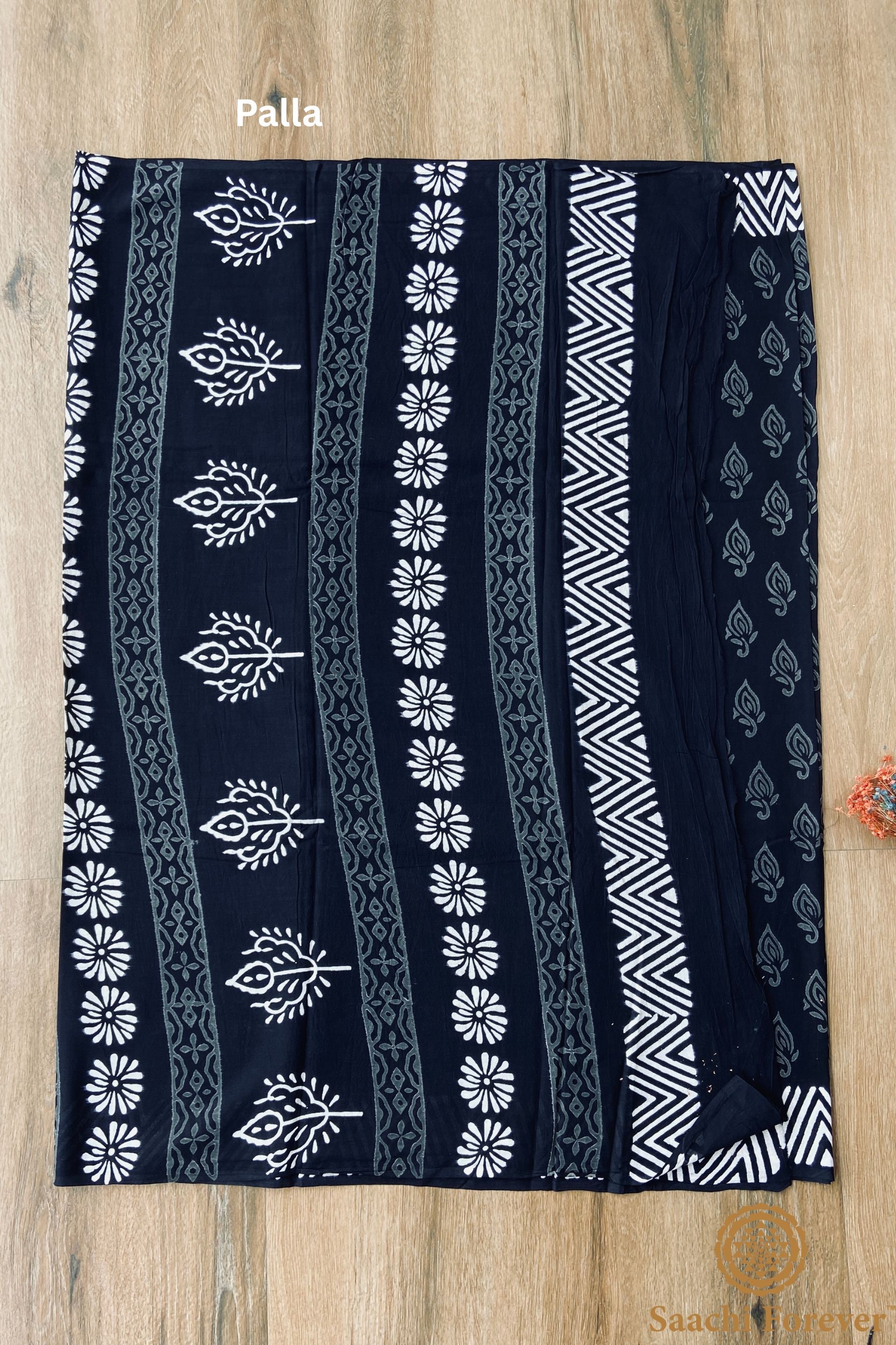 Black & Grey Dabu Block Printed Mulmul Cotton Saree