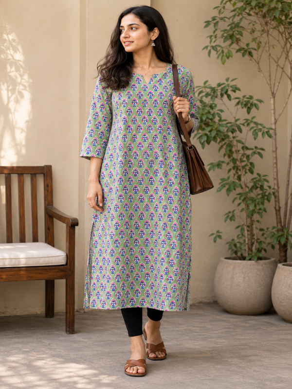 Green Butta Sanganeri Straight Cut Kurta With Lining