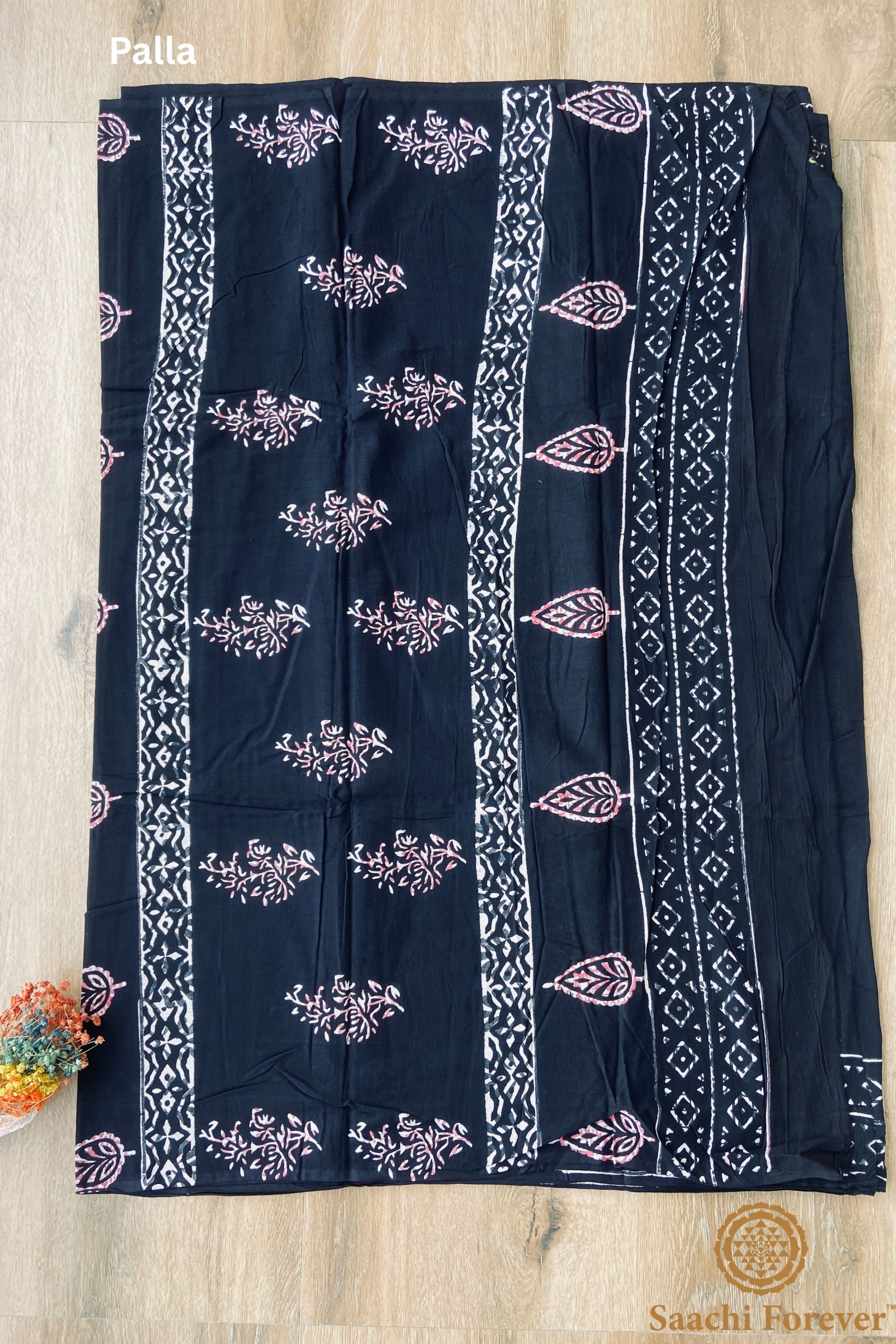 Black Dabu Block Printed Mulmul Cotton Saree