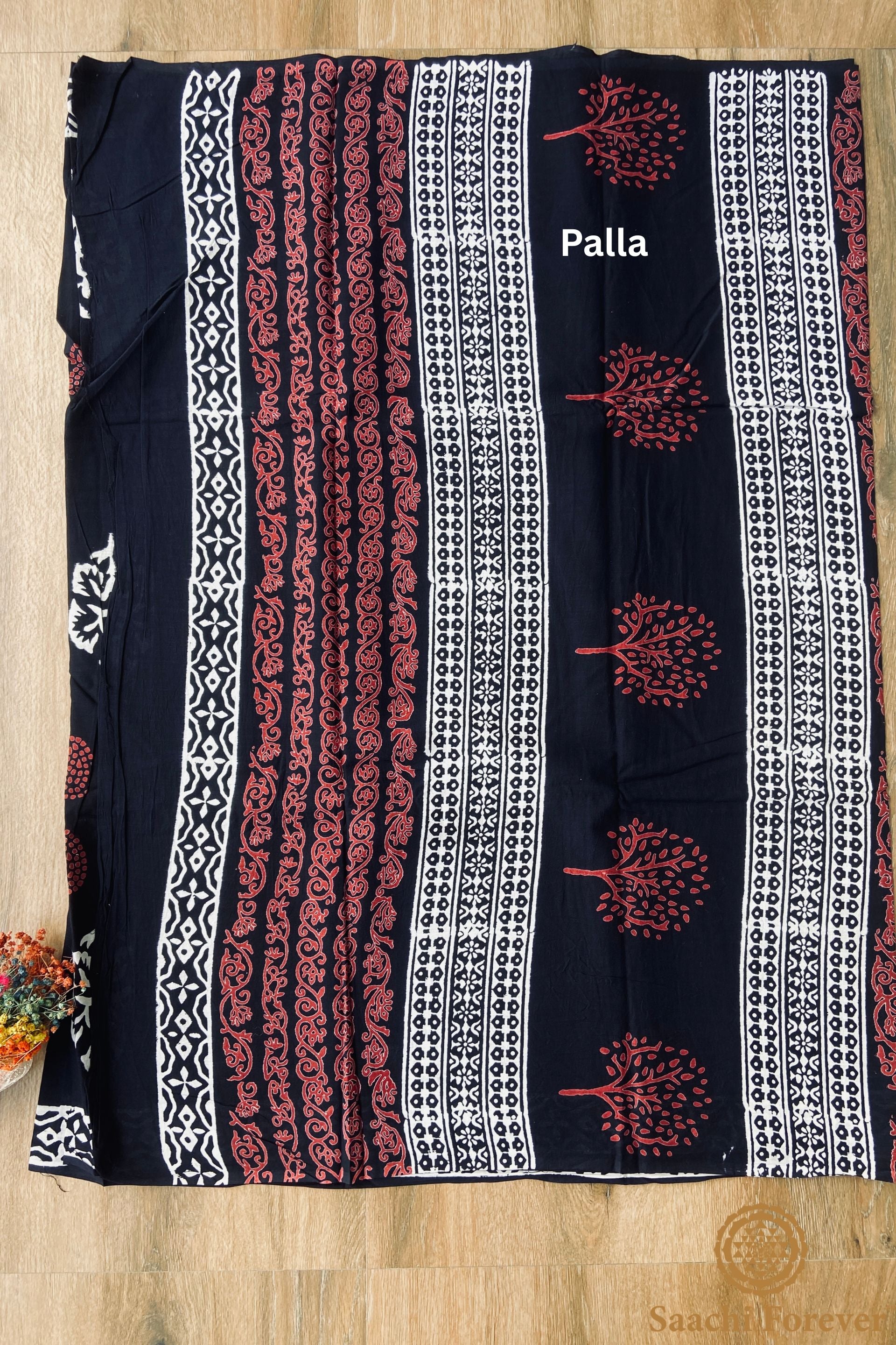 Black Dabu Block Printed Mulmul Cotton Saree