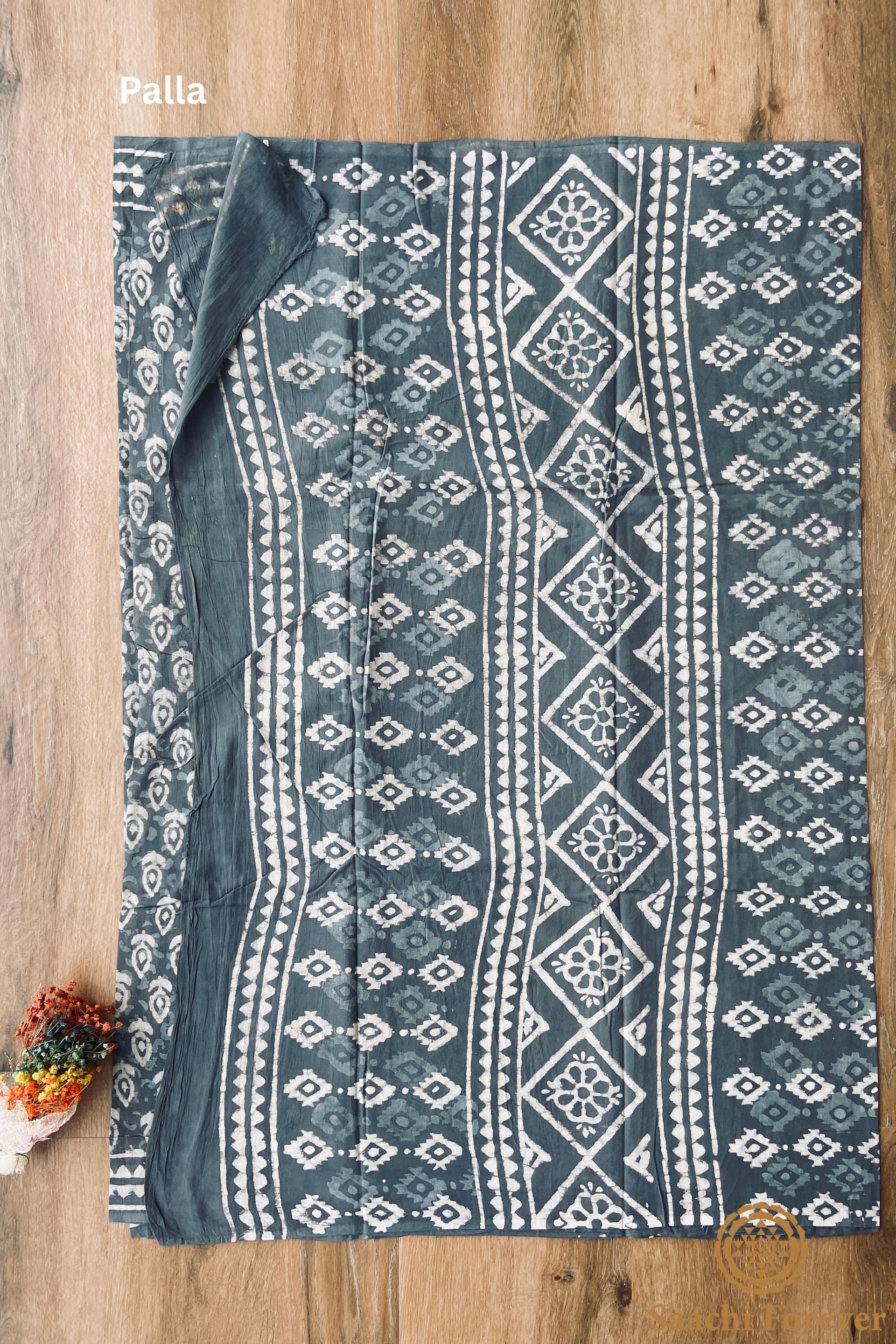 Grey Dabu Block Printed Mulmul Cotton Saree