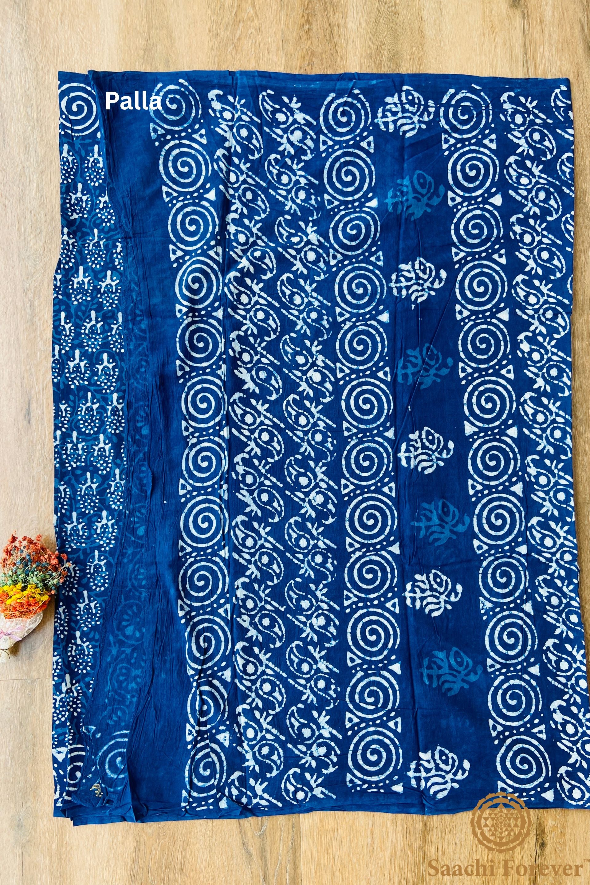 Indigo Block Printed Mulmul Cotton Saree
