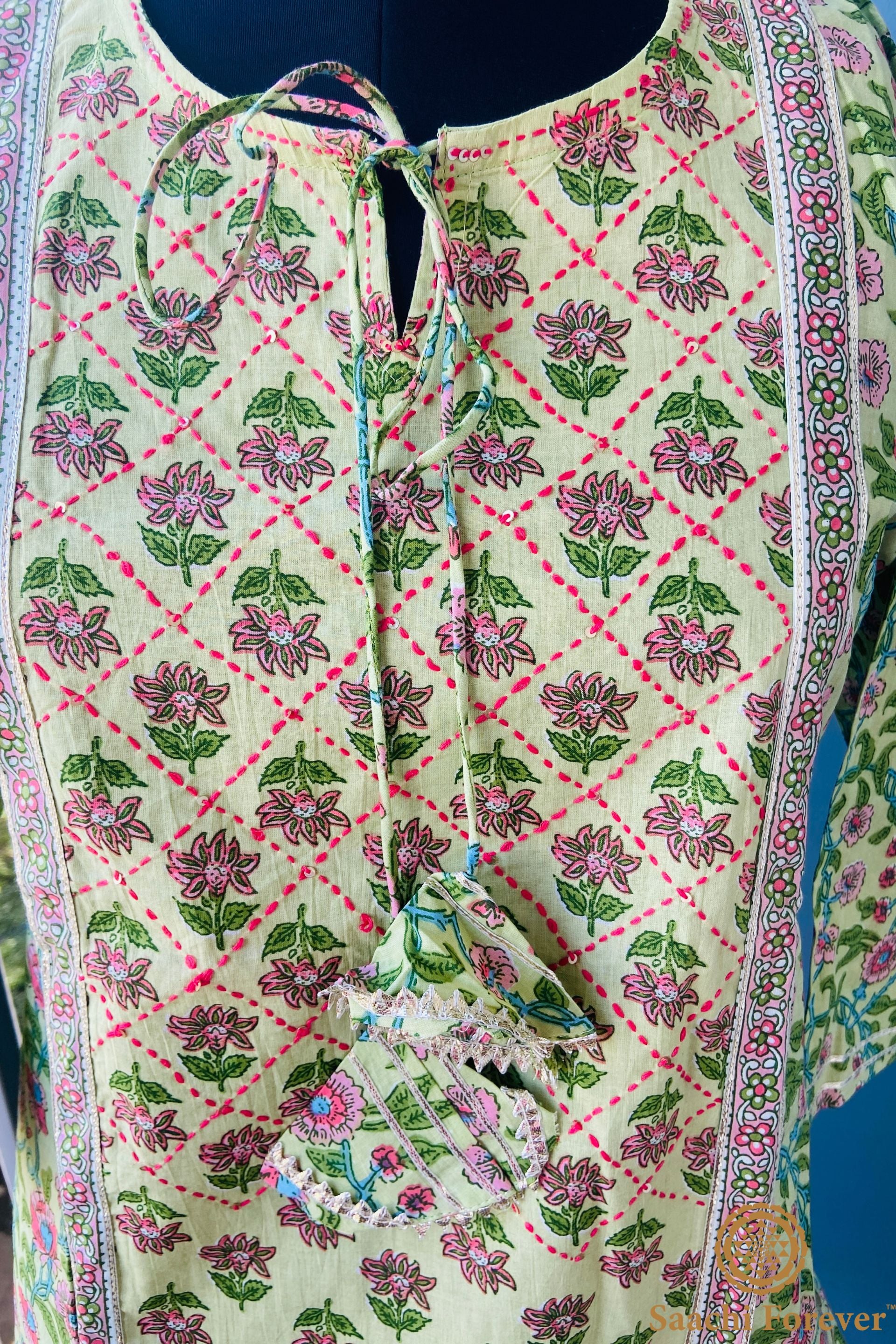 Green Cotton Katha Embroidered Suit Set - 3 Piece